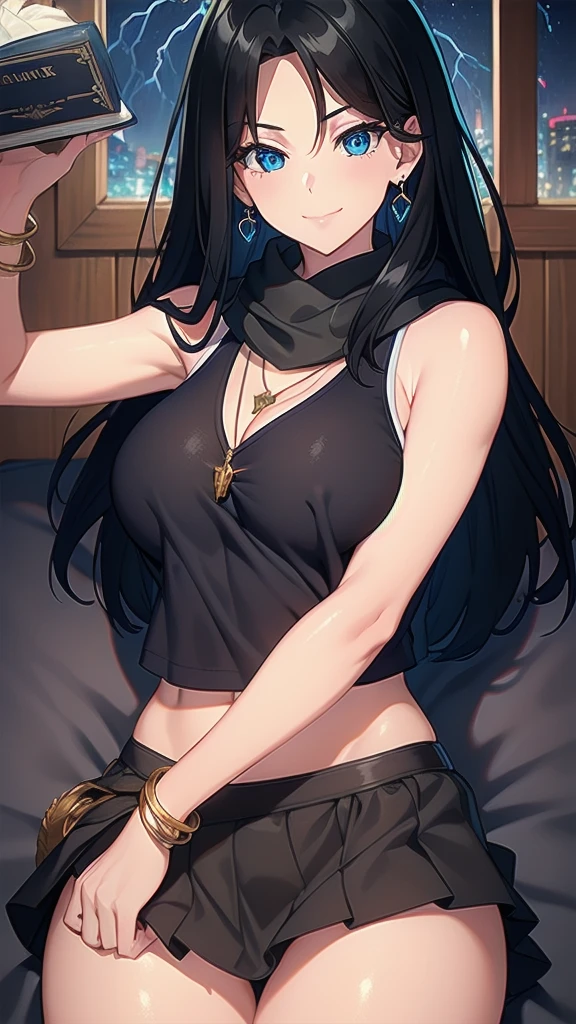 masterpiece, best quality, 1 solo girl, black hair, blue eyes, long hair, medium breasts, sexy body and face, wavy hair, smile, sleeveless shirt, scarf, black thigh-high, mini skirt, pendant, bracelet, jewelry, earrings, feather hair ornament, book, lying at the bed, night, sexy pose, cowboy shots, detailed body, face, and eyes, sharp focus, vibrant, creative, dynamic, high definition, high resolution, 8k, (Upscale: R-ESRGAN 4x+ Anime6mage enchance:4x), voluptuous body, cinema lightning, dakimakura style, looking at the viewer,