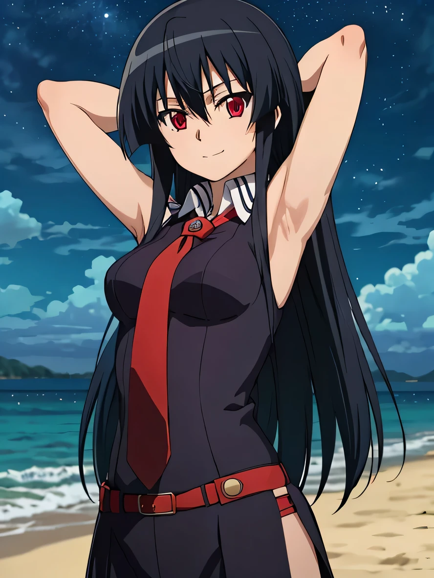 solo, 1girl, looking at viewer, 2D, anime, anime coloring, upper body, akame, necktie, sleeveless, looking at viewer, closed mouth, small smile, solo, night sky, beach, {arms behind head}, contrapposto, spread armpits,