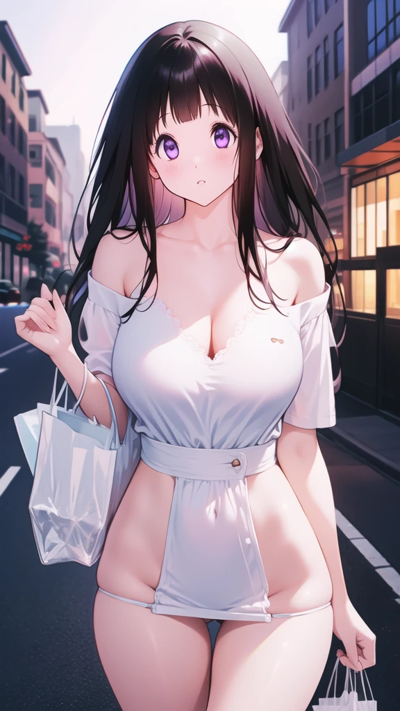 Amazing Chitanda, There is only one beautiful girl,Purple Eyes, Black Hair, Very red face,Very white skin,Glowing skin,Skin as delicate as porcelain,Naturally straight hair, Straight bangs,Extremely refined,Open lips,Long flowing hair,Beautiful Girl, Like a dream,Slim,Slim waist,Soft, (Sensual), (Kawaii), Dream quality,Beautiful big breasts,Half of the areola is exposed,Wearing dark school uniform,Deep V neckline,Loose neckline,Wide neckline,on the street,Carrying a shopping bag,no pants,Bare shoulders,Bare neck,Exposed collarbone,Exposing breasts,Exposing breasts侧面,Show your waist,Show your buttocks,Show your thighs,Exposing the groin,No pants,extremely shy,Ultra-high resolution, (masterpiece:1.2, best quality), (Delicate and beautiful eyes: 1.2), (Beautiful and delicate face)