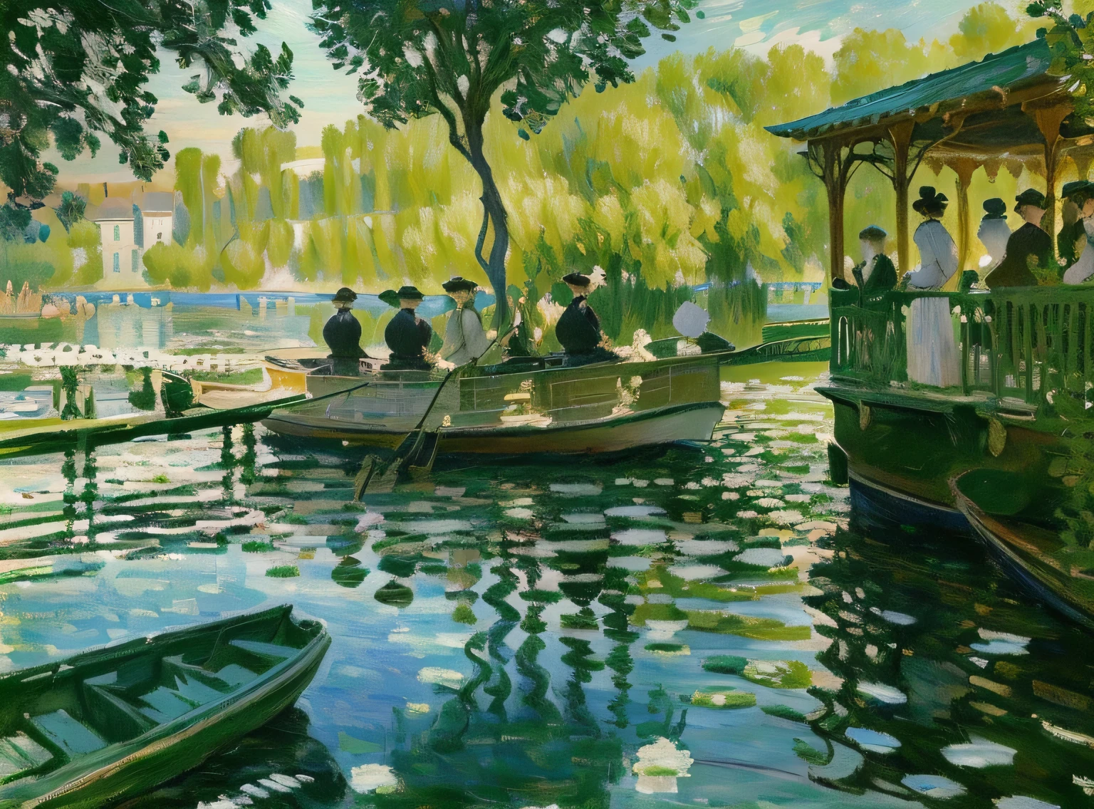 painting of a group of people on a boat in a river, impressionism painting, monet painting, an impressionist painting, at the waterside, monet. stunning lighting, style of monet, impressionism, by claude monet, by Claude Monet, charles monet, impressionist painting, claude monet), inspired by Konstantin Korovin, by Cuno Amiet