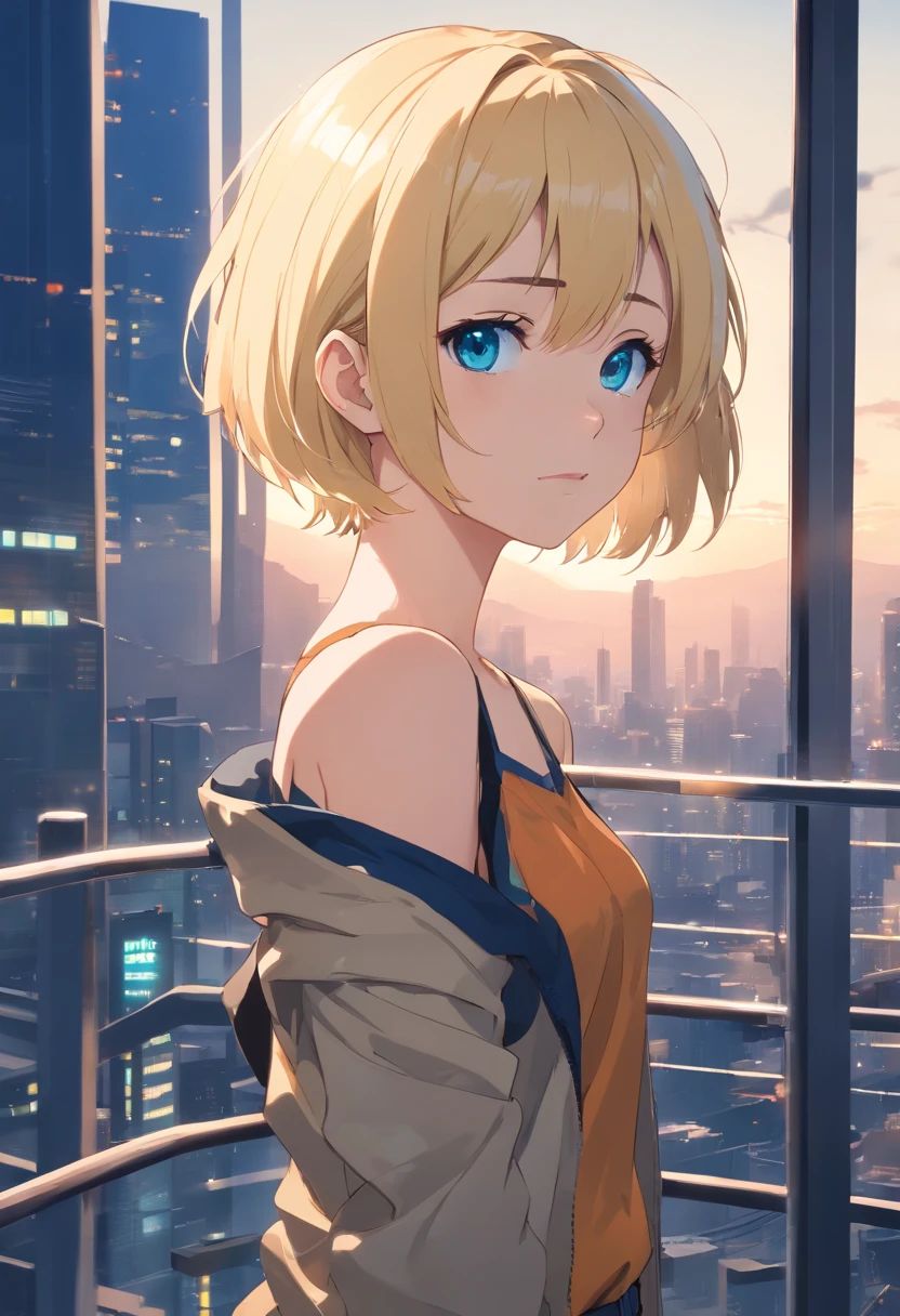 17 years old Women, ((Blonde)), ((Blue eyes)), ((Short hair)), ((Full Body)), In black tape proyect