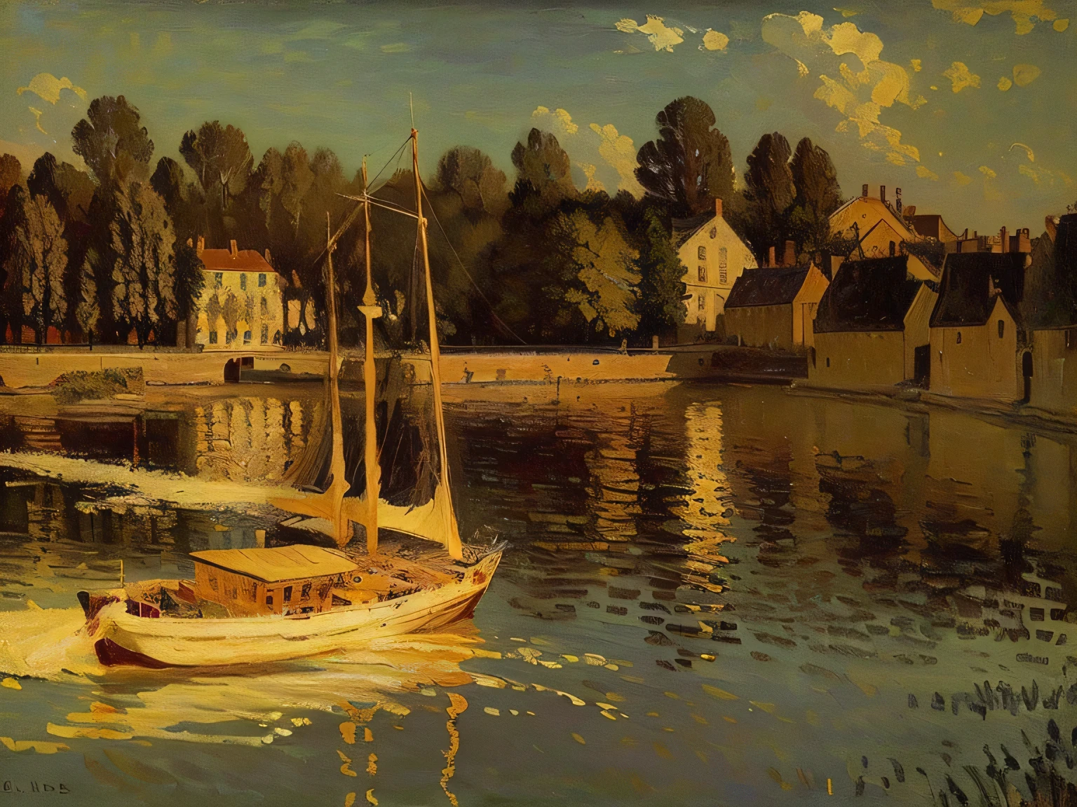 This painting depicts a boat on a river,There is a bridge in the background, by claude many, Claude Many, claude many), author:many, many painted, style of many, author:Alfred Sisley, charles many, many painting, style of claude many, calude many style, at the waterside, inspired author:Alfred Sisley, many. stunning lighting, many style
