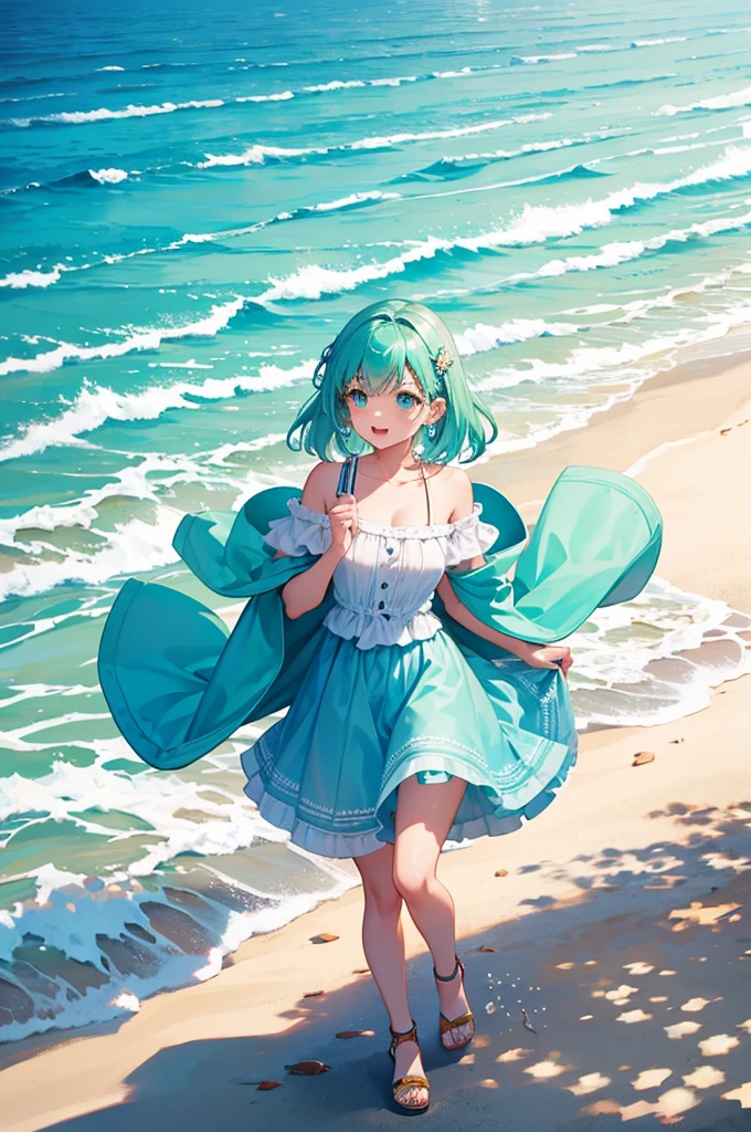 beach background,whole body,Have fun,Laughter,joy,Happy,girl,mint green hair