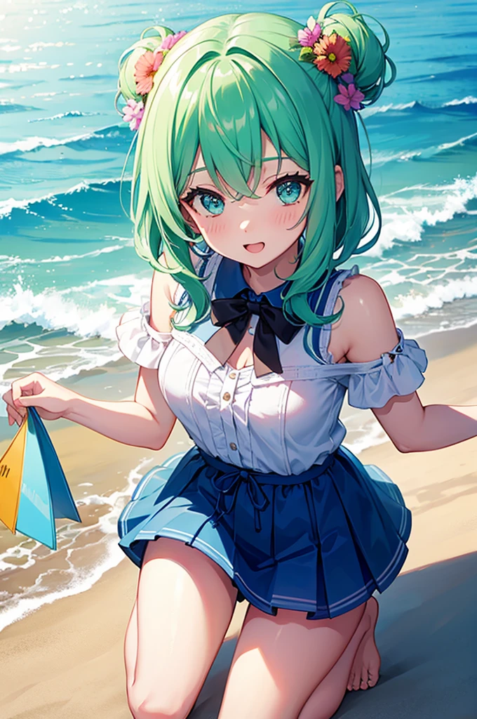 beach background,whole body,Have fun,Laughter,joy,Happy,girl,mint green hair