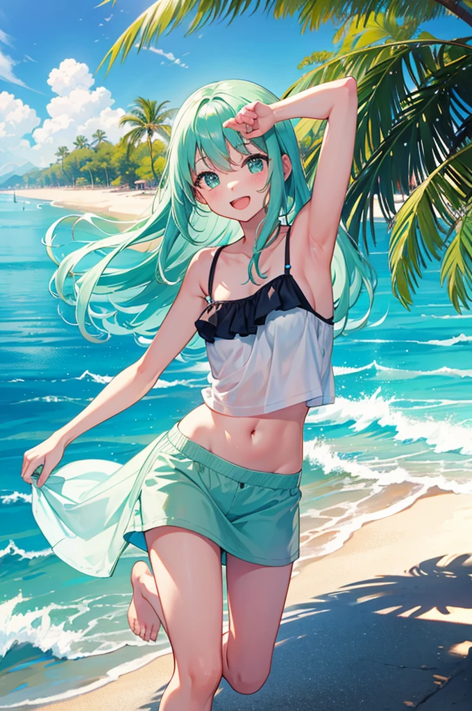 beach background,whole body,Have fun,Laughter,joy,Happy,girl,mint green hair
