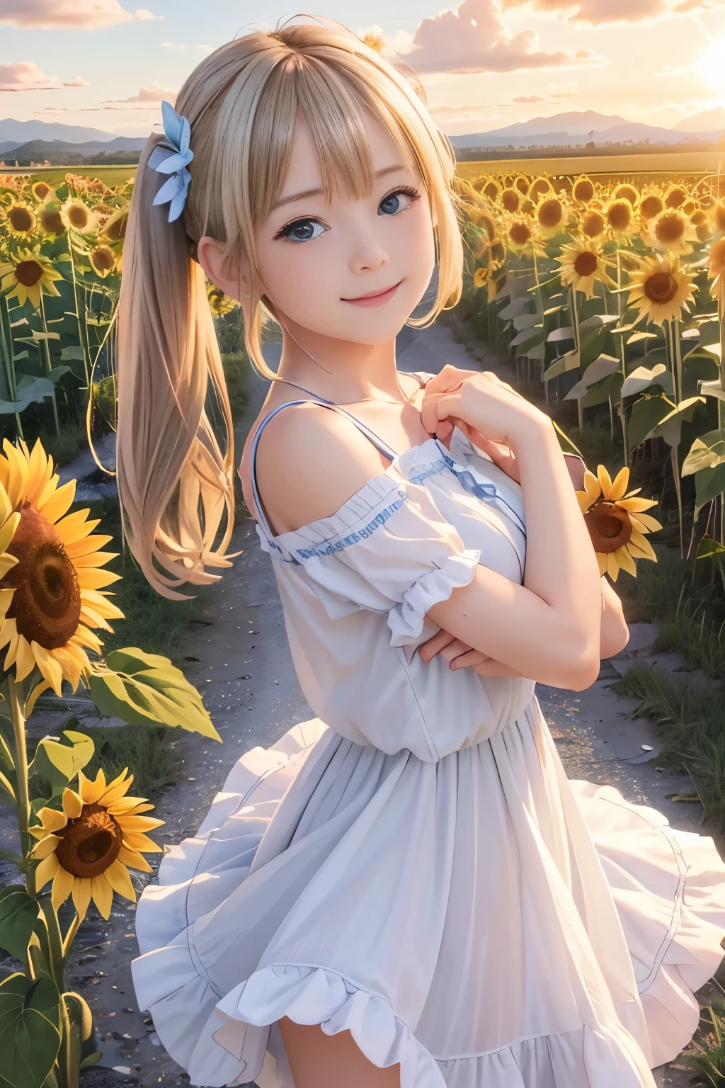 (8k, RAW Photos, Realistic, photo-Realistic:1.5), masterpiece, highest quality, High resolution, Very detailed, Detailed Background, Cinema Lighting, Dynamic Angle, Lens flare, dramatic, One girl, pretty girl, alone, Wind, Light blonde hair, blue eyes, Very long twin tails, White Hat, blue null, smile, Flying petals, flowery Field, null, sunflower, sun, Field, Fractal Art,Very young girl、Nude Ruffle Summer Dress