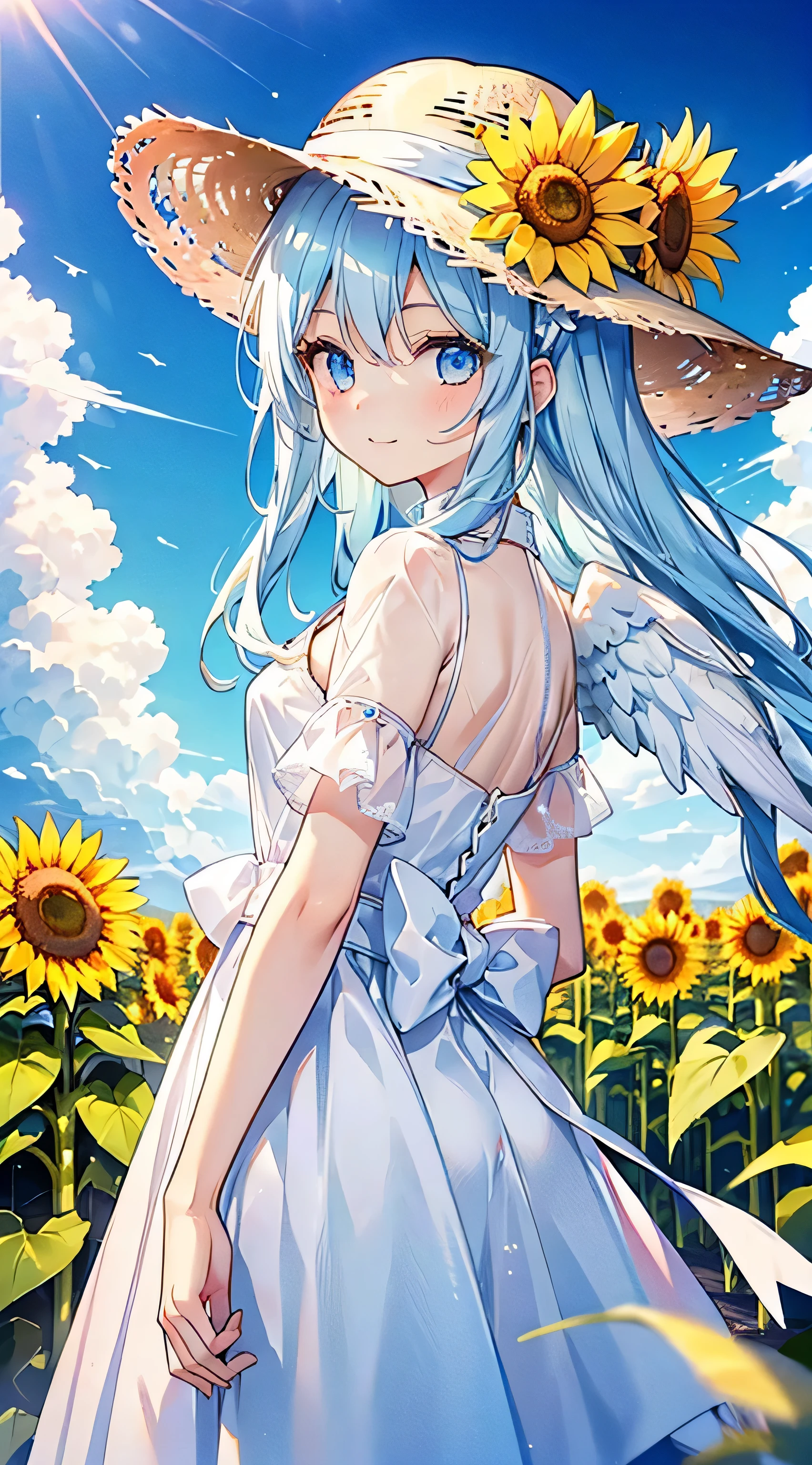A cute angel girl with long white hair and blue eyes、16 years old、Angel wings on the back、Looking back with hands clasped behind back、Mischievous Smile、White dress、Straw hat、Sunflower flower decoration、Short