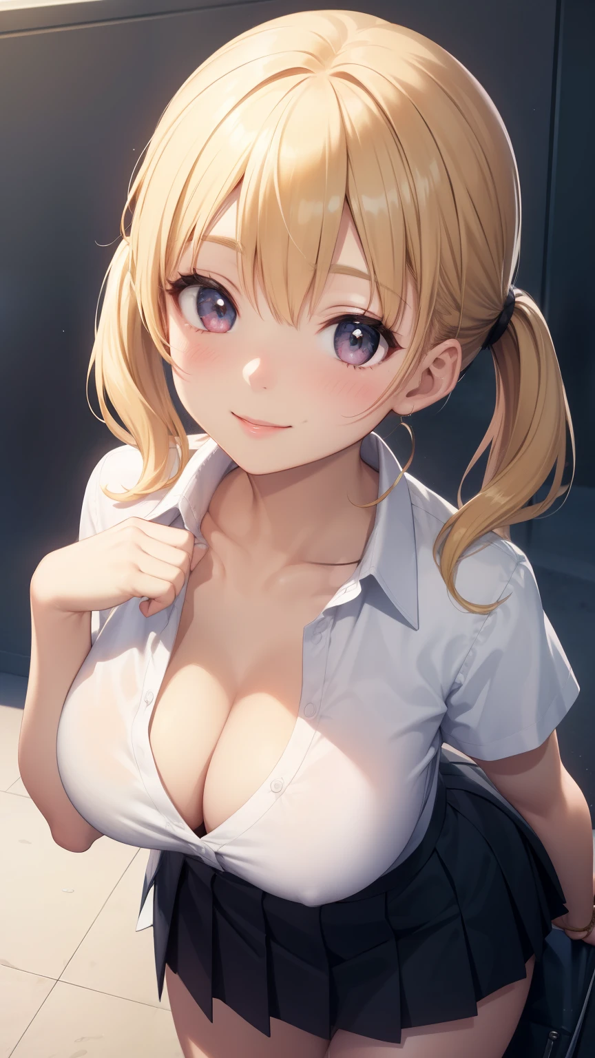 1girl, natural lighting, masterpiece, highly detailed, illustration, game CG, absurdres, high quality, aichan, large breasts, beautiful detailed eyes, detailed hair, glossy lips, blush, (school), white shirt, black pleated miniskirt, collarbone, twintails, leaning forward, light smile, from above, looking up at viewer, blonde hair, cleavage