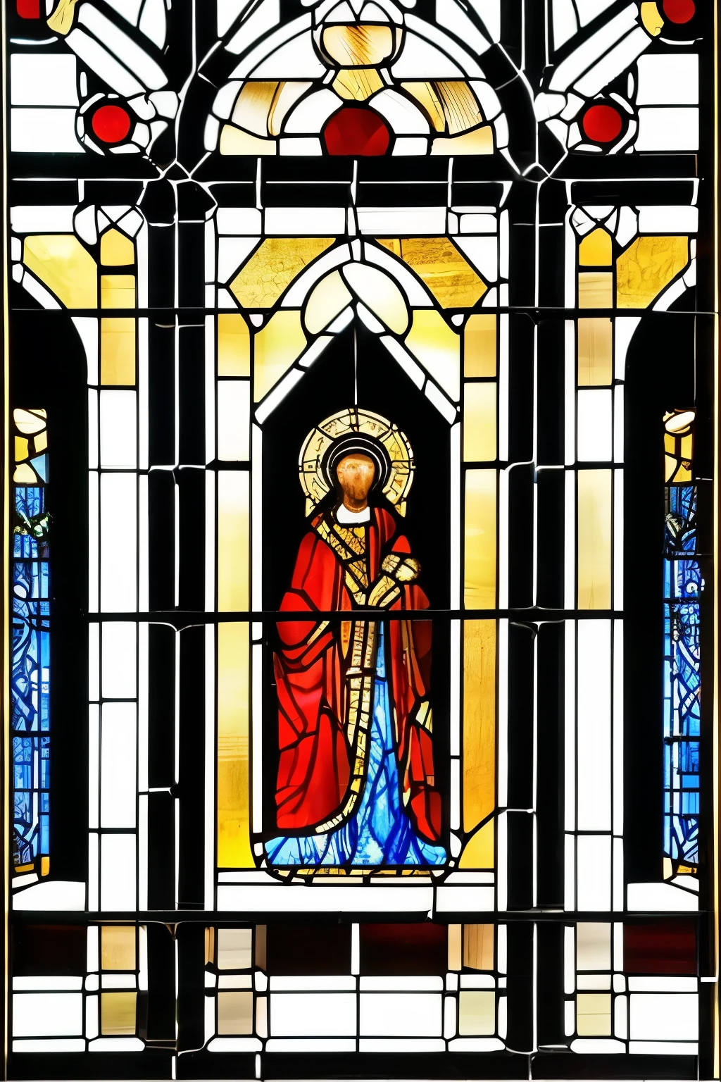 best quality, super fine, 16k, incredibly absurdres, extremely detailed, delicate and dynamic, transparent stained glass, orthodox paintings on black framework, iridescent reflections, white building walls, Mediterranean atmosphere