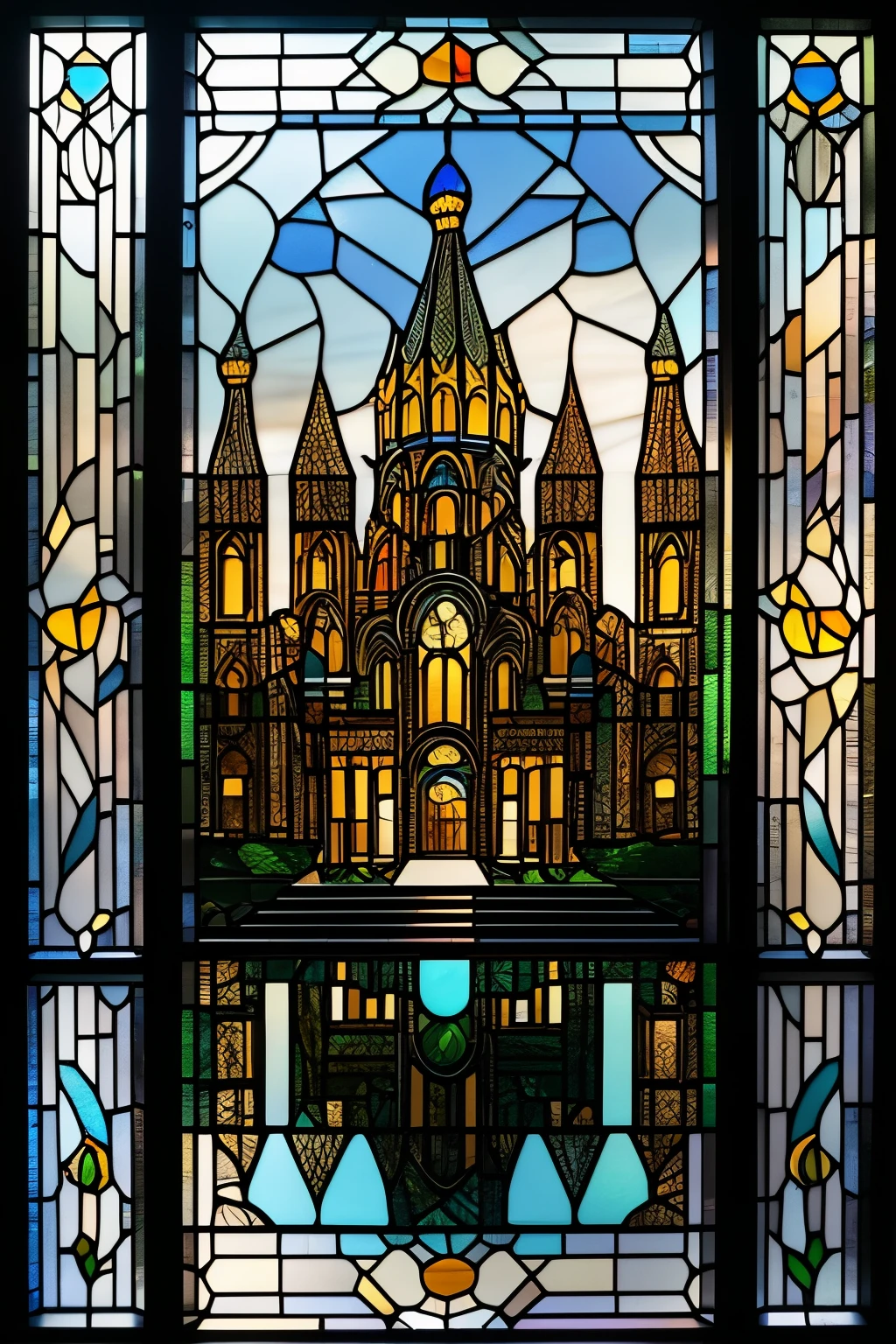 best quality, super fine, 16k, incredibly absurdres, extremely detailed, delicate and dynamic, transparent stained glass, orthodox paintings on black framework, iridescent reflections, white building walls, Mediterranean atmosphere