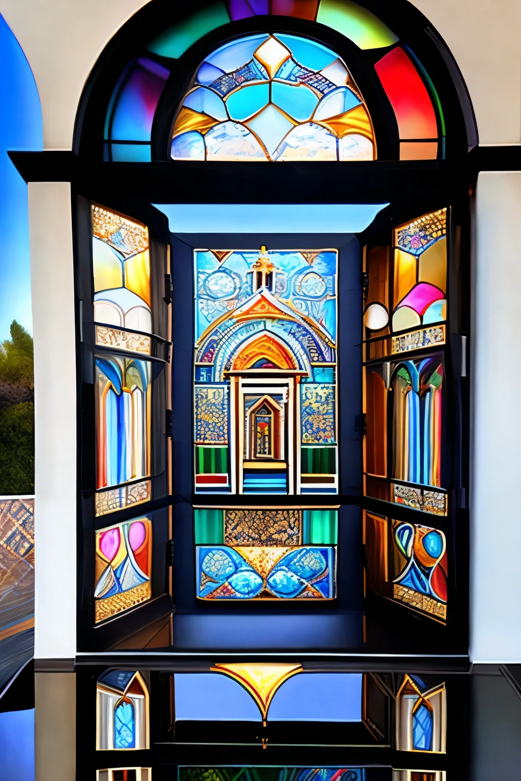 best quality, super fine, 16k, incredibly absurdres, extremely detailed, delicate and dynamic, transparent stained glass, orthodox paintings on black framework, iridescent reflections, white building walls, Mediterranean atmosphere