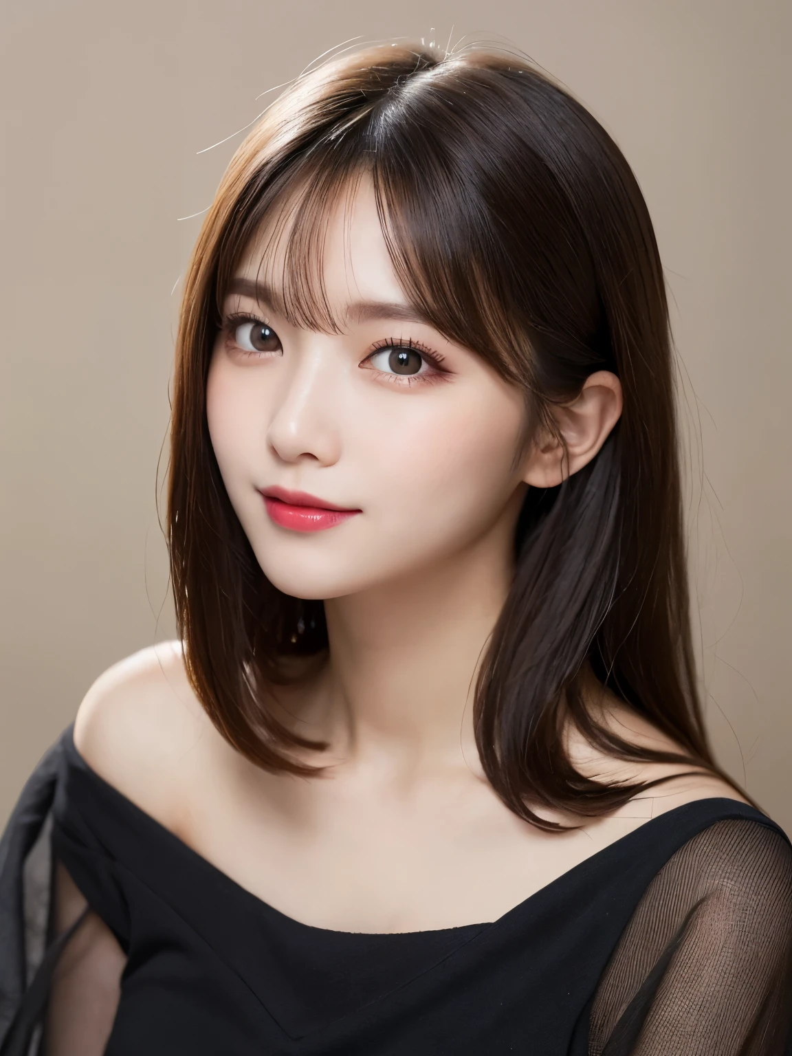 table top, highest quality, shape, Super detailed, finely, High resolution, 8k wallpaper, Perfect dynamic shape, beautiful and detailed eyes, small breasts, natural color lip, random sexy pose,smile、20 year old girl、midnight、Beautiful and dense face、perfect and beautiful face,Big eyes、real photos(best image quality),Sheer off-shoulder dress、looking at camera、Please stand、Do gal makeup,blurred background
