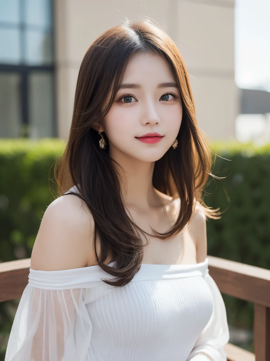 table top, highest quality, shape, Super detailed, finely, High resolution, 8k wallpaper, Perfect dynamic shape, beautiful and detailed eyes, small breasts, natural color lip, random sexy pose,smile、20 year old girl、midnight、Beautiful and dense face、perfect and beautiful face,Big eyes、real photos(best image quality),Sheer off-shoulder dress、looking at camera、Please stand、Do gal makeup,blurred background