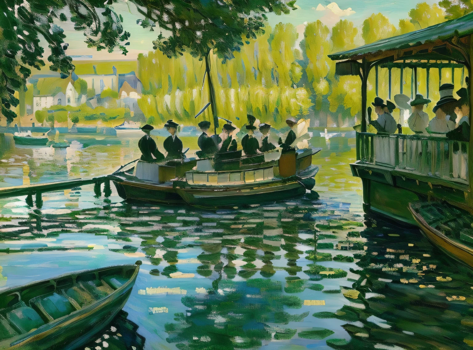 painting of a group of people on a boat in a river, impressionism painting, monet painting, an impressionist painting, at the waterside, monet. stunning lighting, style of monet, impressionism, by claude monet, by Claude Monet, charles monet, impressionist painting, claude monet), inspired by Konstantin Korovin, by Cuno Amiet