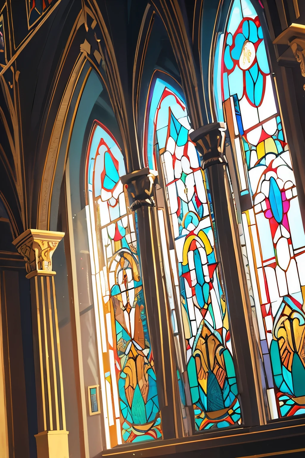 best quality, super fine, 16k, incredibly absurdres, extremely detailed, delicate and dynamic, transparent stained glass, orthodox paintings on black framework, iridescent reflections, white building walls, Mediterranean atmosphere