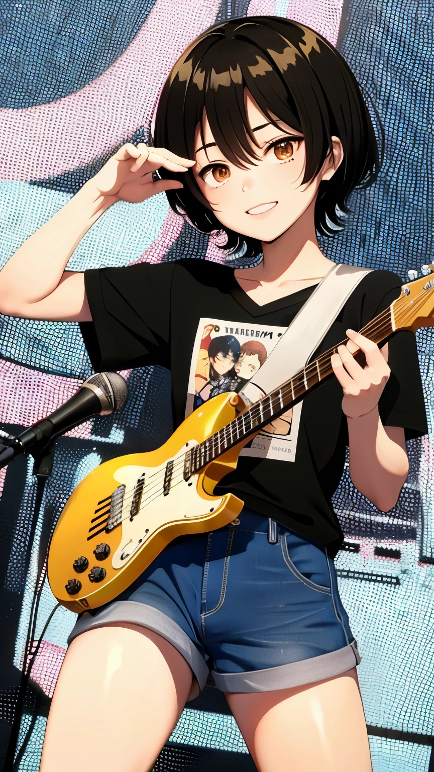((highest quality)), ((masterpiece)), (detailed), Perfect face anime baseball player with a guitar and microphone in front of a crowd, official fanart, marin kitagawa fanart, shigenori soejima illustration, toru furuya, fukaya yuichiro, kentaro miura manga art style, manga style of kentaro miura, with index finger, guitar solo, style of kentaro miura!!!!