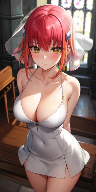 masterpiece, best quality, ultra-detailed, illustration,masterpiece, Best quality, high resolution, high resolution, Annadef, 1girl, solo, multicolored hair, two-tone hair, hair ornament, yellow eyes, short hair, pink hair, red hair, orange hair, beautiful detailed eyes, looking at viewer in a seductive look, close up, (breast focus), (arms behind back:1.2), (from above:1.1),big sized breasts, attempt to seduce,blush, cleavage ,(wide thighs), (weeding dress), (white dress),(white veil),(tight dress),((inside church)),((sitting))