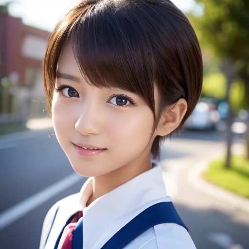 ((LOL))、Cute 15 year old Japanese、On the road、Highly detailed face、Pay attention to the details、double eyelid、Beautiful thin nose、Sharp focus:1.2、Beautiful woman:1.4、Pixie Cut、Pure white skin、highest quality、masterpiece、Ultra-high resolution、(Realistic:1.4)、Highly detailed and professional lighting、((LOL))、Japanese school girl uniform、、
