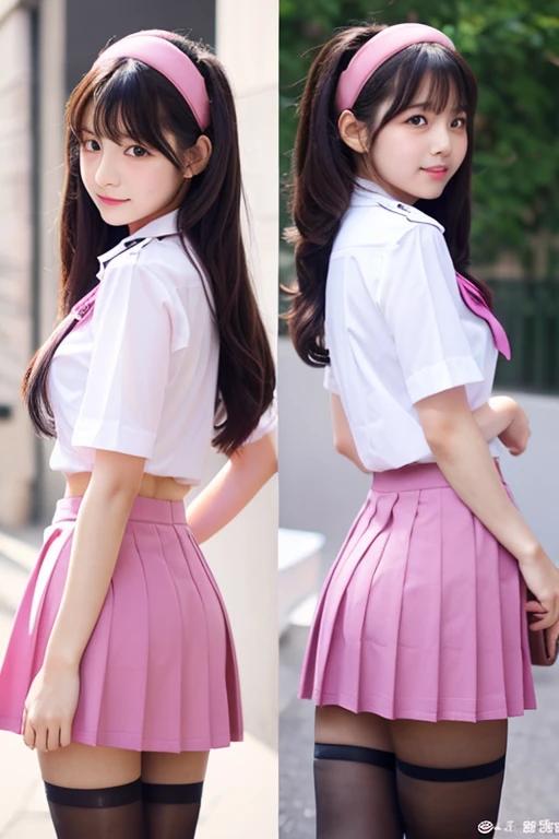 Cute Girls、Idol、 uniform、Pink mini skirt、Black Pantyhose、Back view