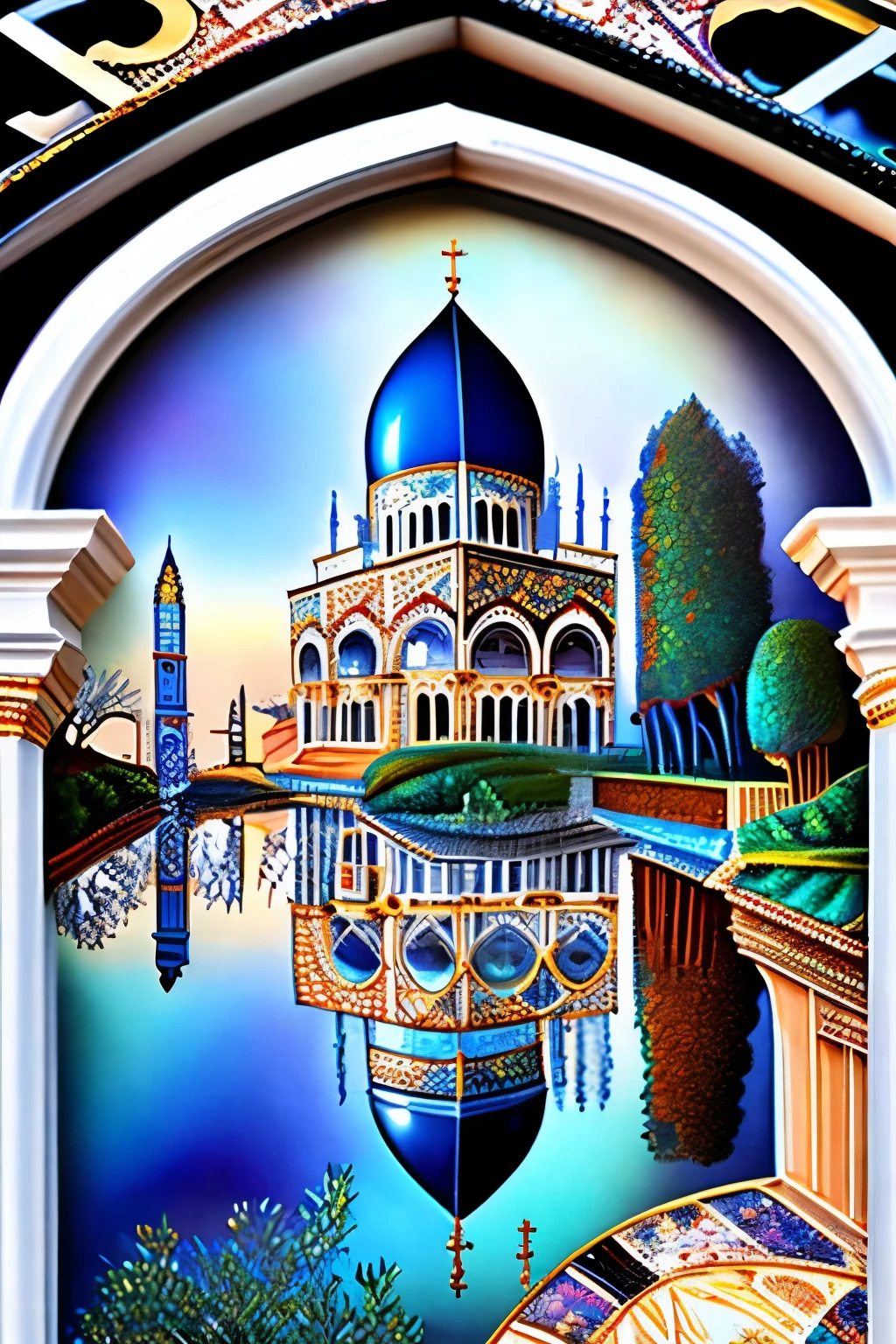 best quality, super fine, 16k, incredibly absurdres, extremely detailed, delicate and dynamic, jigsaw puzzle, transparent stained glass, orthodox paintings on black framework, iridescent reflections, white building walls, Mediterranean atmosphere