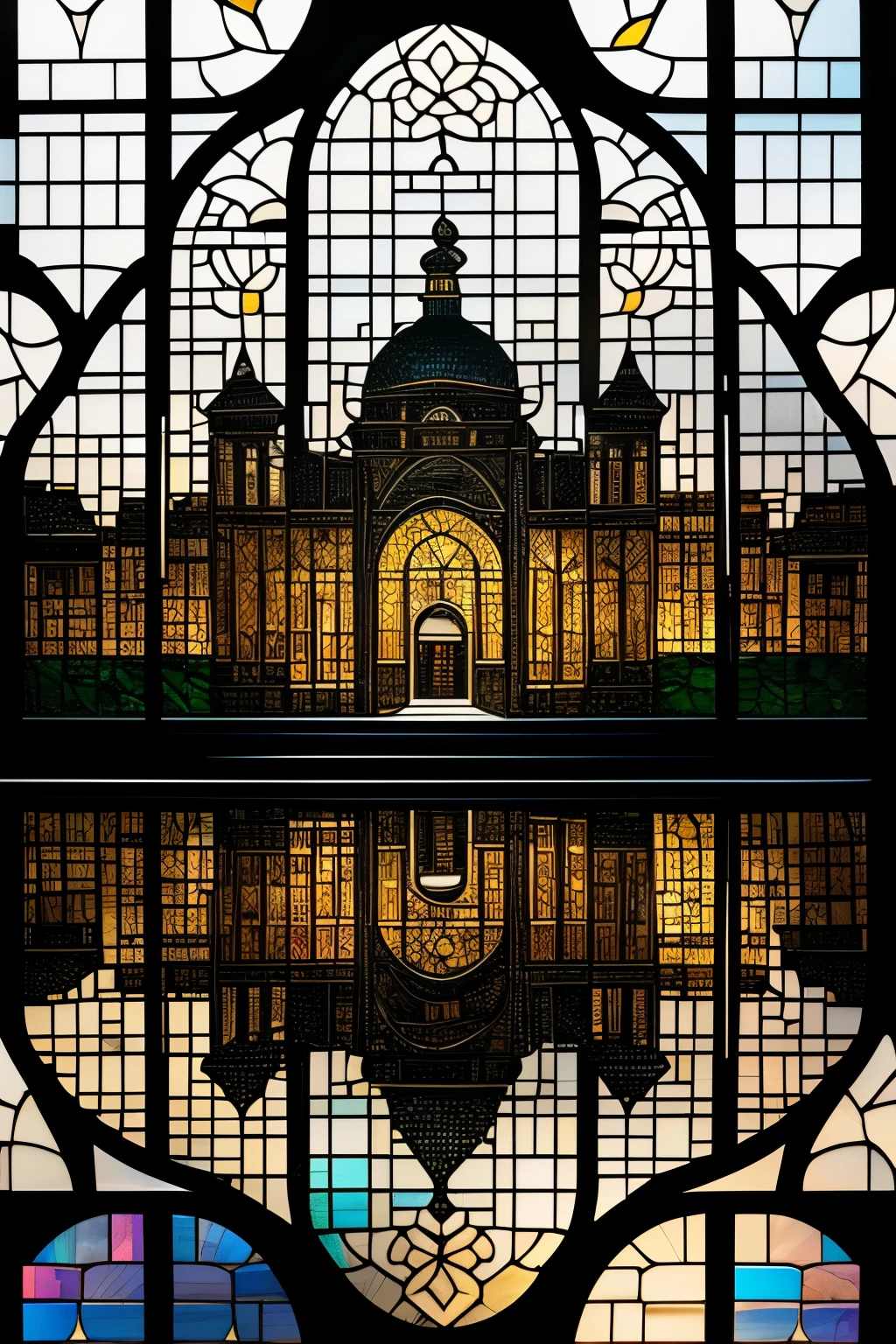 best quality, super fine, 16k, incredibly absurdres, extremely detailed, delicate and dynamic, jigsaw puzzle, transparent stained glass, orthodox paintings on black framework, iridescent reflections, white building walls, Mediterranean atmosphere