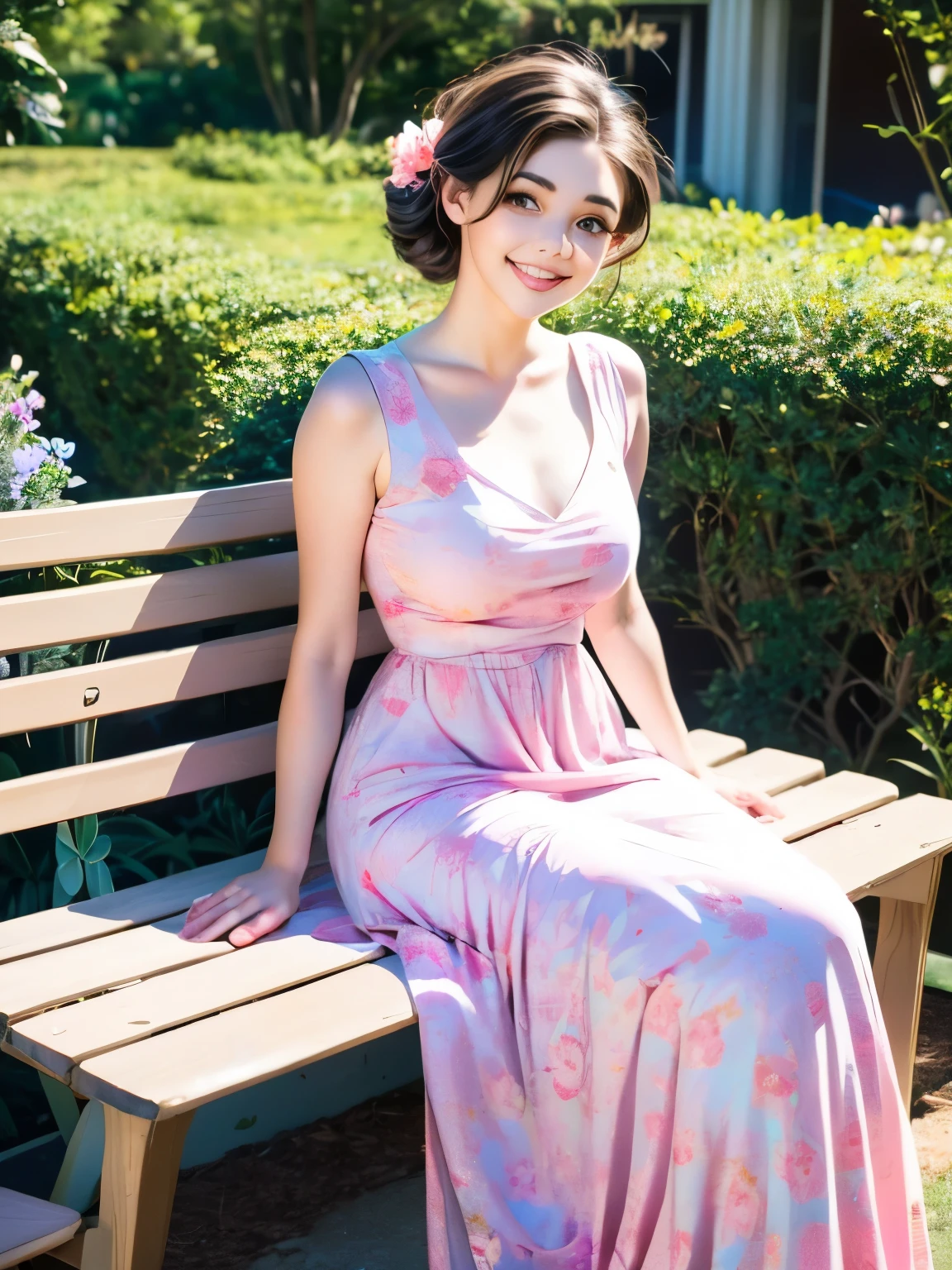 arafed woman in a dress sitting on a bench in a garden, 1 9 5 0 s style, 50s style, 5 0 s style, dressed in a flower dress, wearing pink floral gown, flower dress, wearing a wonderful dress, in a dress, wearing a long flowery dress, retro 5 0 s style, 1950s vibes