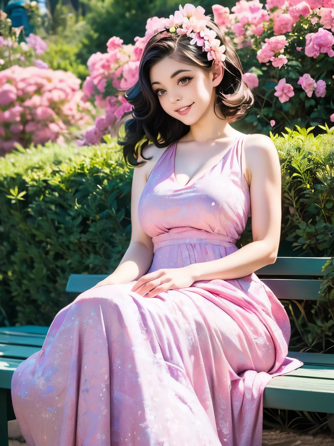 arafed woman in a dress sitting on a bench in a garden, a colorized photo by Evaline Ness, flickr, romanticism, 1 9 5 0 s style, 5 0 s style, 50s style, dressed in a flower dress, wearing pink floral gown, flower dress, wearing a wonderful dress, in a dress, retro 5 0 s style