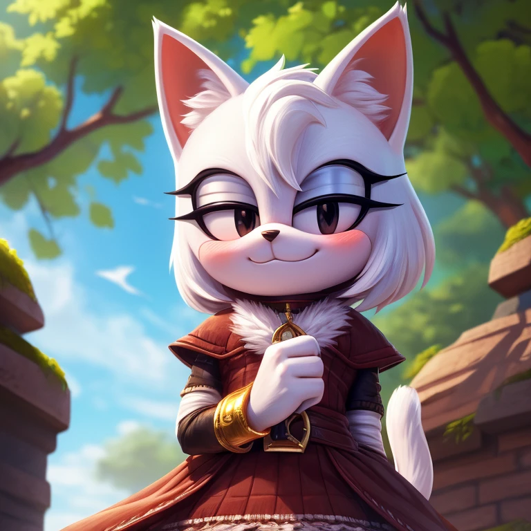 mobian cat, white cat, white fur, white hair, black eyes, tuft, fur, fluffy, ((smug)), femboy, blush, feline, felid, smirk, :3, hi res, absurd res, good quality, nice details, detailed, insanely detailed, extreme detail, refined detail, perfect detail, max detail