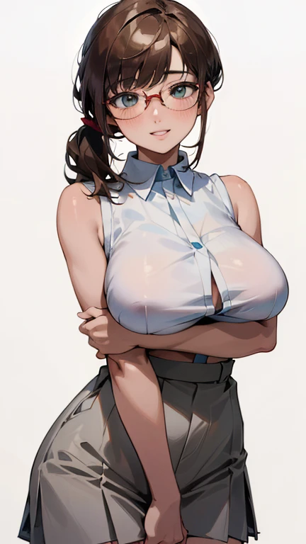 nsfw:1.4, full body, 1 female,,brown hair,beautiful low ponytail hairstyle, (High-waisted skirt:1.3),, (tight knit), (double breasted,under bust:1.2), short sleeve, button gap,natural smile,,frameless eyeglasses,
(UHD, retina, masterpiece, accurate, anatomically_correct, textured_skin, super_detail, high_details, high_quality, best_quality, high_res, 1080P, HD, 4K, 8k, 16k), (beautiful_detailed_eyes, beautiful_detailed_lips, extremely_detailed_eyes_and_face), soft_lighting, physically-based_rendering, vivid_colors, (large_breasts:1.5), (shiny_hair, shiny_skin, tanned_skin, blush), (bangs:1.5), eye_reflection, (bokeh), smile_and_laugh, (sleeveless_business_shirt:1.5), cowboy shot,