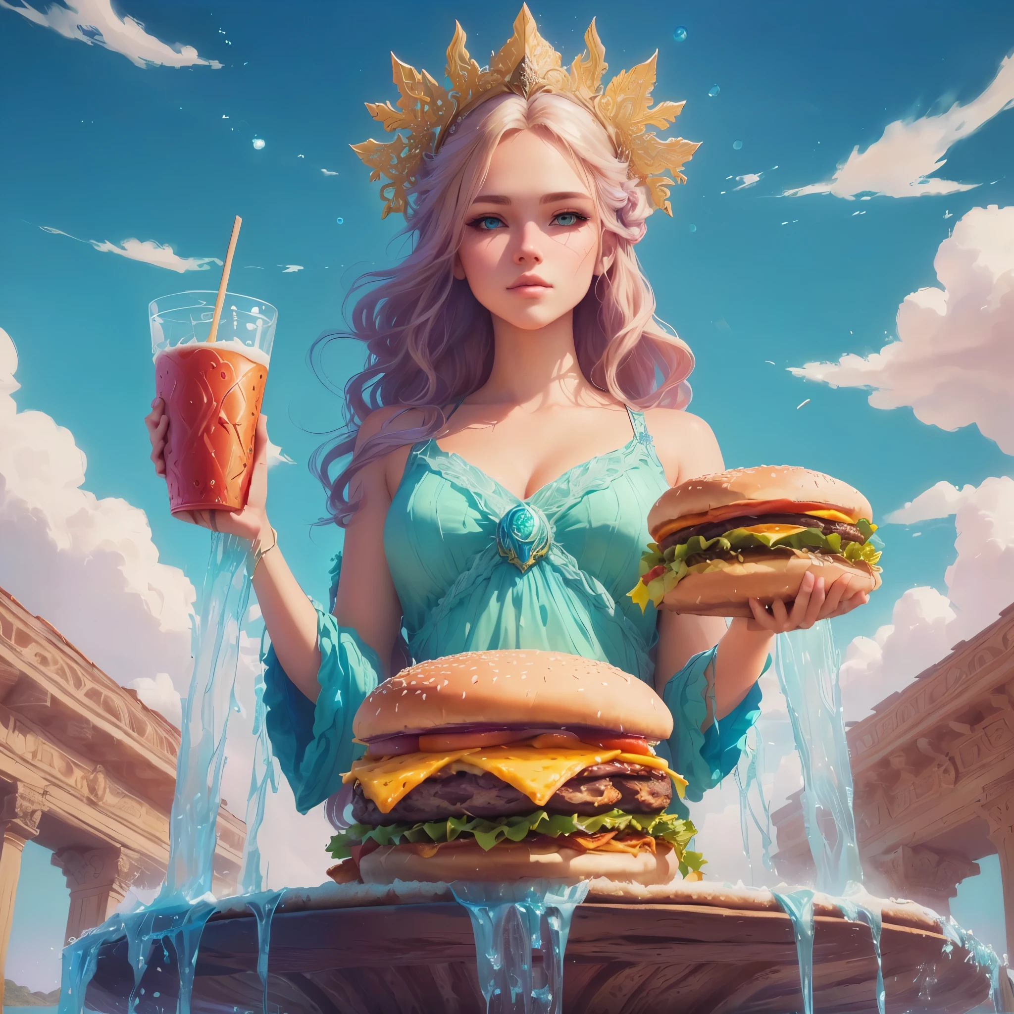 Blonde woman holding one burger and one pizza staring at you in the lake water, Fantasy art style, epic Fantasy art style, Fantasy Food, epic Fantasy art style hd, Fantasy style art, Beautiful fantasy art, epic Fantasy style art, Detailed fantasy art, Epic fantasy digital art style, Anime fantasy illustration, highly Detailed fantasy art