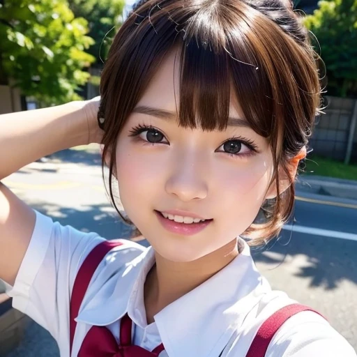((LOL))、Cute  Japanese、On the road、Highly detailed face、Pay attention to the details、double eyelid、Beautiful thin nose、Sharp focus:1.2、Beautiful woman:1.4、Pixie Cut、Pure white skin、highest quality、masterpiece、Ultra-high resolution、(Realistic:1.4)、Highly detailed and professional lighting、((LOL))、Japanese school girl uniform、、