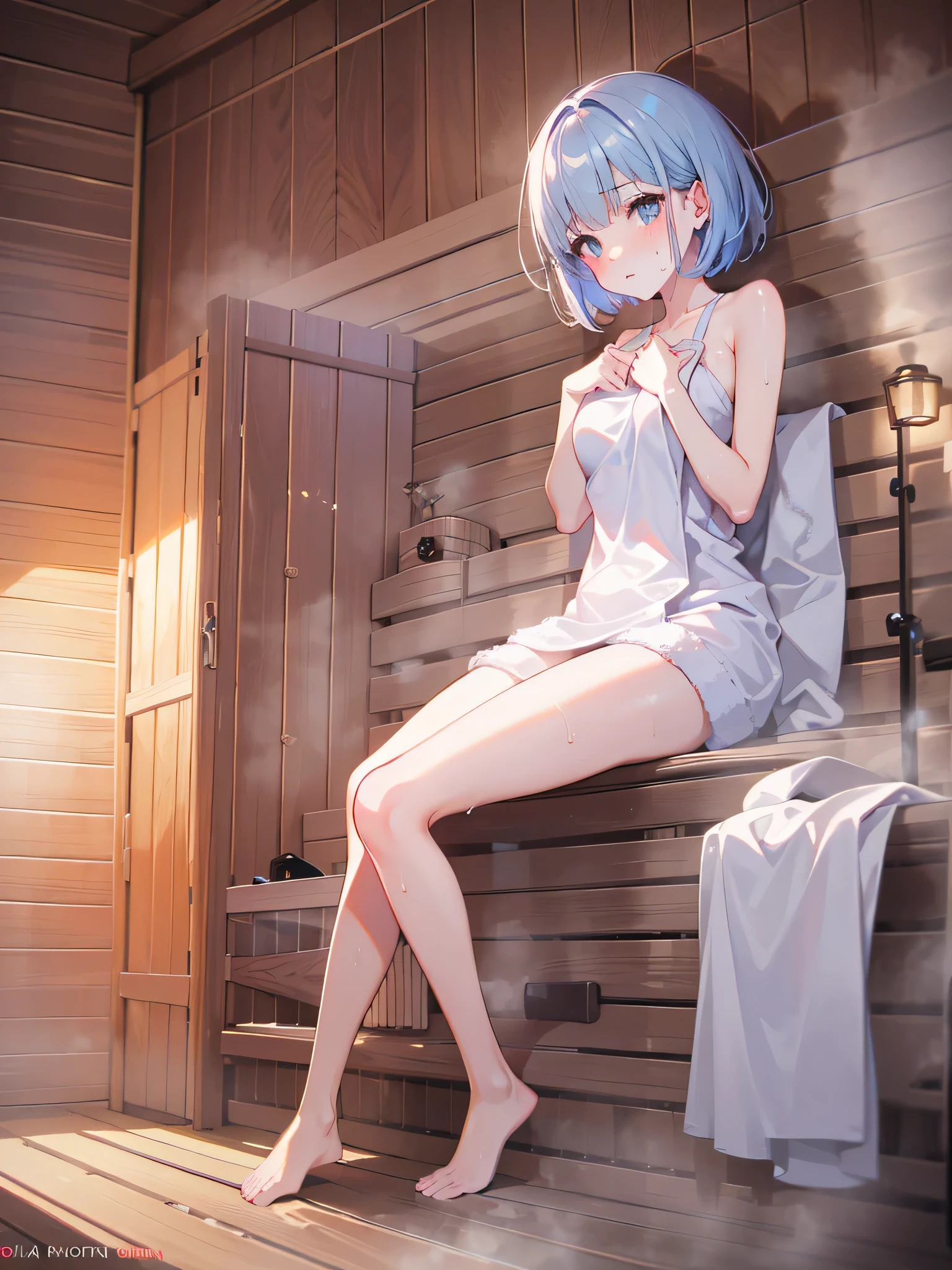 In 8K、highest quality、masterpiece、Very detailed、Ultra-high resolution、((1 person))、With a girl、Light blue hair、Short Bob、((((Sauna room))))、((Sweat))、Red face、Cover your chest with a bath towel、((vapor))、hot