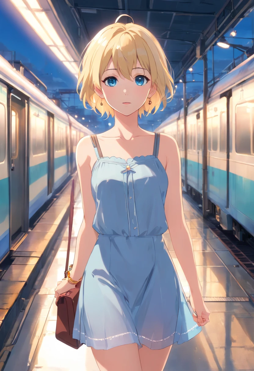 17 years old Women, ((Blonde)), ((Blue eyes)), ((Short hair)), ((Full shot)), very detailed makeup, pale pink lipstick, long earrings, bare shoulders, She wears a short, light chiffon printed dress with straps, a purse hanging from her arm, and high shoes the color of the dress. She standing in a train station with a locomotive behind her., the floor is wet