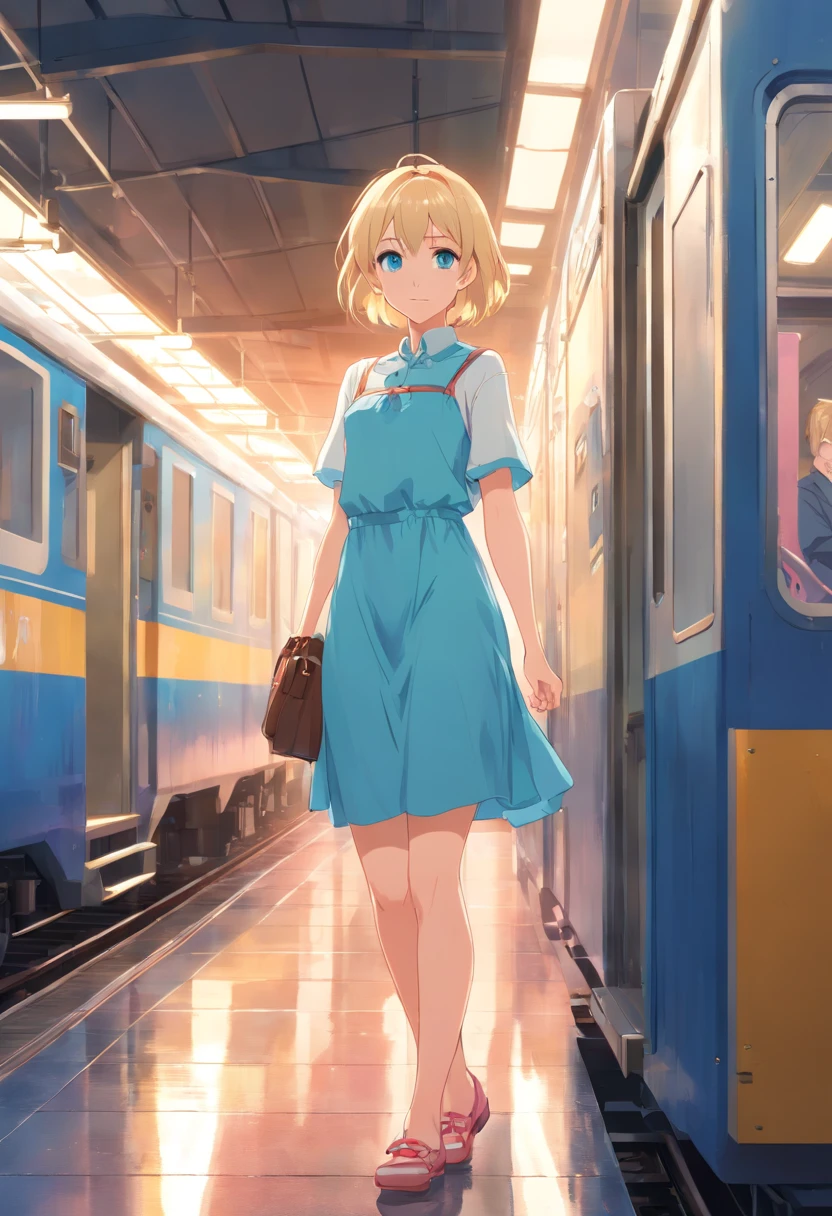 17 years old Women, ((Blonde)), ((Blue eyes)), ((Short hair)), ((Full shot)), very detailed makeup, pale pink lipstick, long earrings, bare shoulders, She wears a short, light chiffon printed dress with straps, a purse hanging from her arm, and high shoes the color of the dress. She standing in a train station with a locomotive behind her., the floor is wet