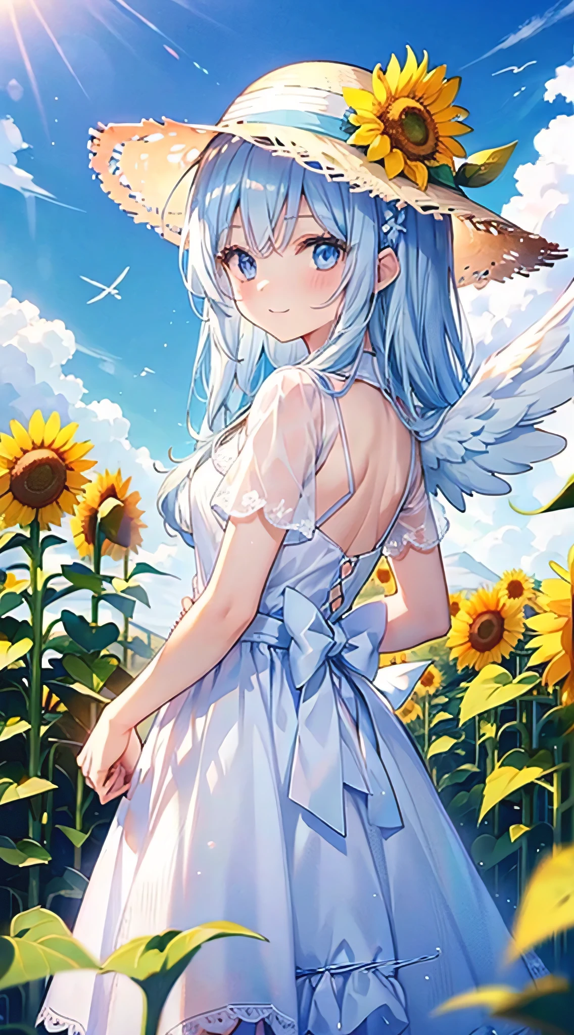 A cute angel girl with long white hair and blue eyes、、Angel wings on the back、Looking back with hands clasped behind back、Mischievous Smile、White dress、Straw hat、Sunflower flower decoration、Short