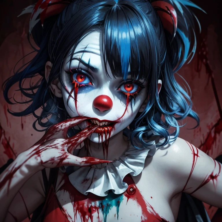 Masterpiece, best quality, 8K Wallpaper, HDR, octane rendering. A girl looking at the camera, ((wearing clown makeup)), Sinister expression, ((smudged makeup)), ((clown clothes, dirty, torn:1.3)), vibrant colors. Walking down a hospital hallway, vivid details, intricate scenery, dark atmosphere, macabre elements, surprising contrast. Wide Angle, Dynamic Pose. Detailed scene, the girl has ((Medium messy hair, black and blue hair, hair color: 1.4)), ((Beautiful and detailed face with perfect symmetry)), ((Beautiful and detailed red eyes: 1.4)), ( (red lips, macabre smile, open mouth, sharp teeth: 1.6, double)), ((blood dripping from mouth: 1.63)), (body with perfect anatomy, perfect natural texture, high details, glowing skin) cinematic lighting, vivid colors, ((blood effect:1.53)), detailed illustration, depth of field, exceptional visual immersion.