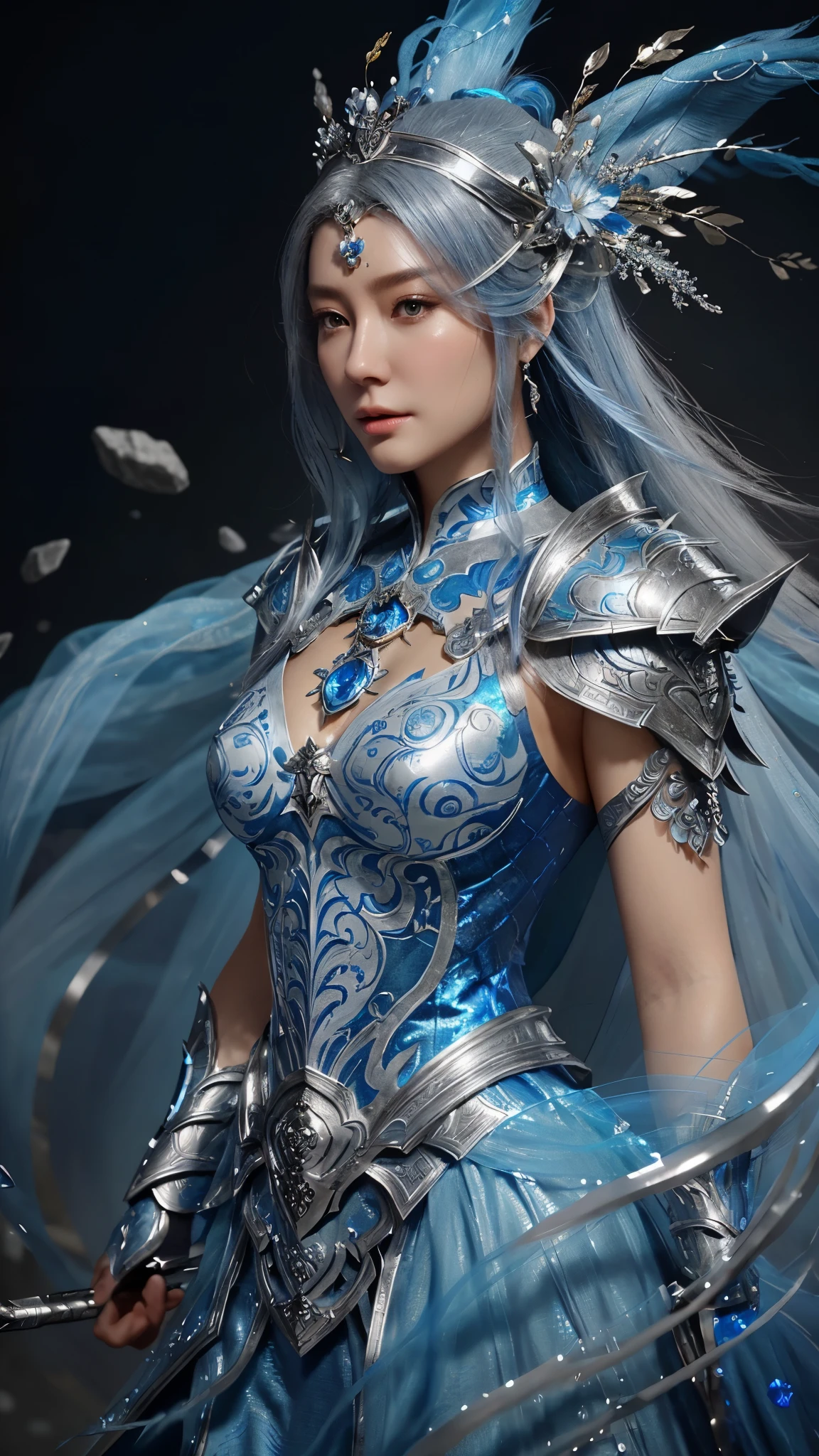 a close up of a woman in a silver and blue dress, chengwei pan on artstation, by Yang J, detailed fantasy art, stunning character art, fanart best artstation, epic exquisite character art, beautiful armor, extremely detailed artgerm, detailed digital anime art, artgerm on artstation pixiv, armor girl