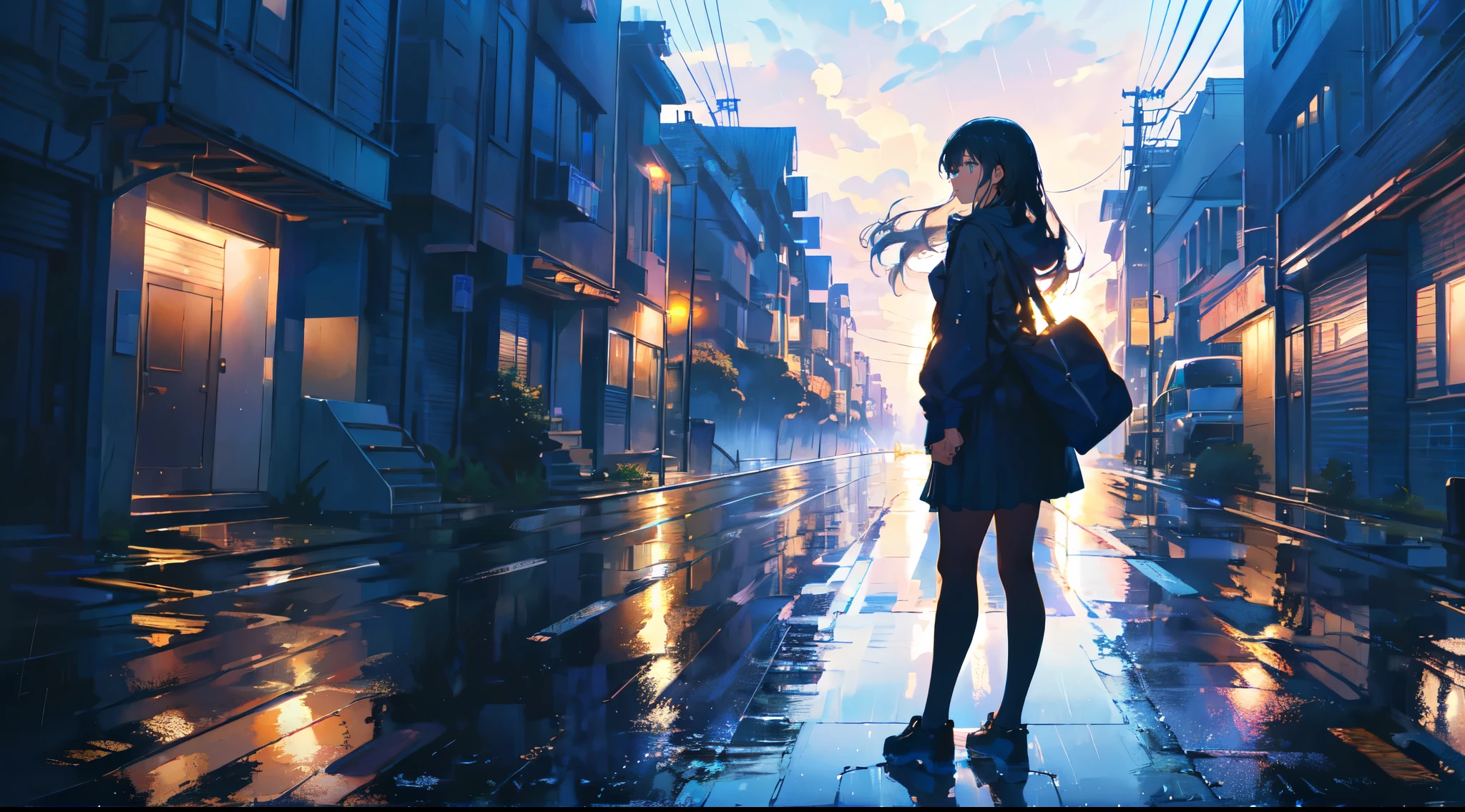 {full body view}, {best quality}, {very aesthetic}, {ultra-detailed}, {best illustration}, {Profile of a girl looking up at the sky on a road after the rain}, Top view, {Super fine hair}, Backlight, Refreshing atmosphere, urban office district, blue sky, Super elaborate face, Super elaborate fingers, extremely detailed, Rain-soaked road, A clear sky, A composition leaning towards the left edge,