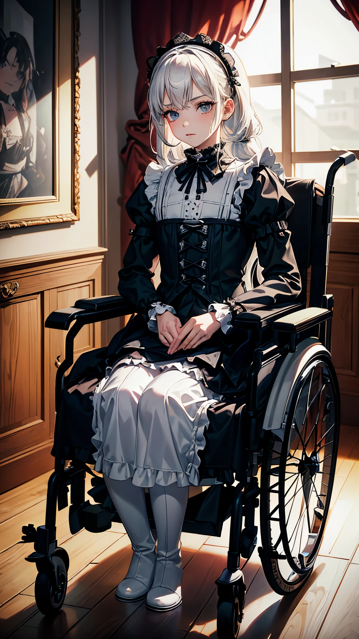 (ultra-detailed, realistic), hospital scene, [medium:oil painting], [professional:1.1], [physically-based rendering], [vivid colors], [sharp focus], [studio lighting], [extreme detail description], [best quality,4k,8k,highres,masterpiece:1.2],(cowboy shot),inside the house,inside the room,((one 18 years old boy,femboy,trap,flat chest)),((ride in an electric wheelchair)),((operate a power wheelchair)),(long shiver hair),(gloomy), [streesed eyes],((gothic lolita fashion, white gothic 
 lolita dress, white gothic long boots))