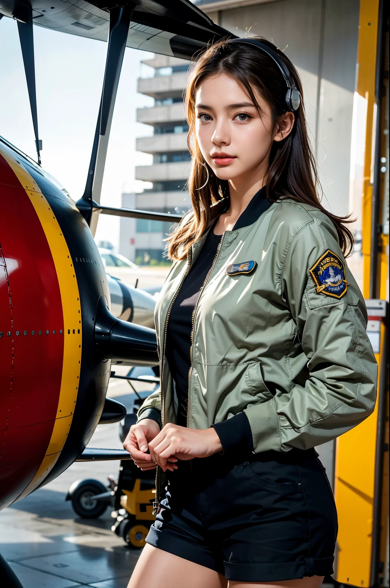 Best quality, ((insanely Realistic RAW photo)), professional photograph, intricate composition, an extremely delicate and beautiful, ultra high res, professional natural lighting and shading, ((Realistic image of a extremely pretty female Aircraft mechanic, solo)), Inside a spacious Aircraft hangar, Vintage airplanes of the World War II era line the background, (Wearing a MA-1 Flight Jacket), (Wearing a headset), (wearing short pants), faint smile, She does aircraft maintenance, very professional mechanic, ((extremely beautifully detailed eyes and face)), ((insanely beautiful natural skin texture)), (Accurate eyes), Accurate hands, Well-balanced overall body
