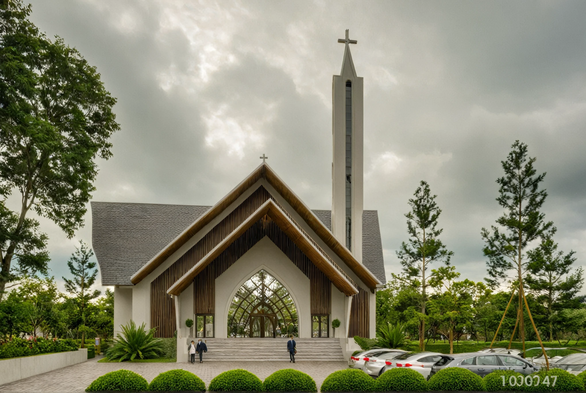 Raw photo,Masterpiece, high quality, best quality, authentic, super detail,
exterior, outdoors, catholic church style indochine in the garden ,aiaigroup
road,pavement, grass, trees, sky, cloud, (day:1.1)