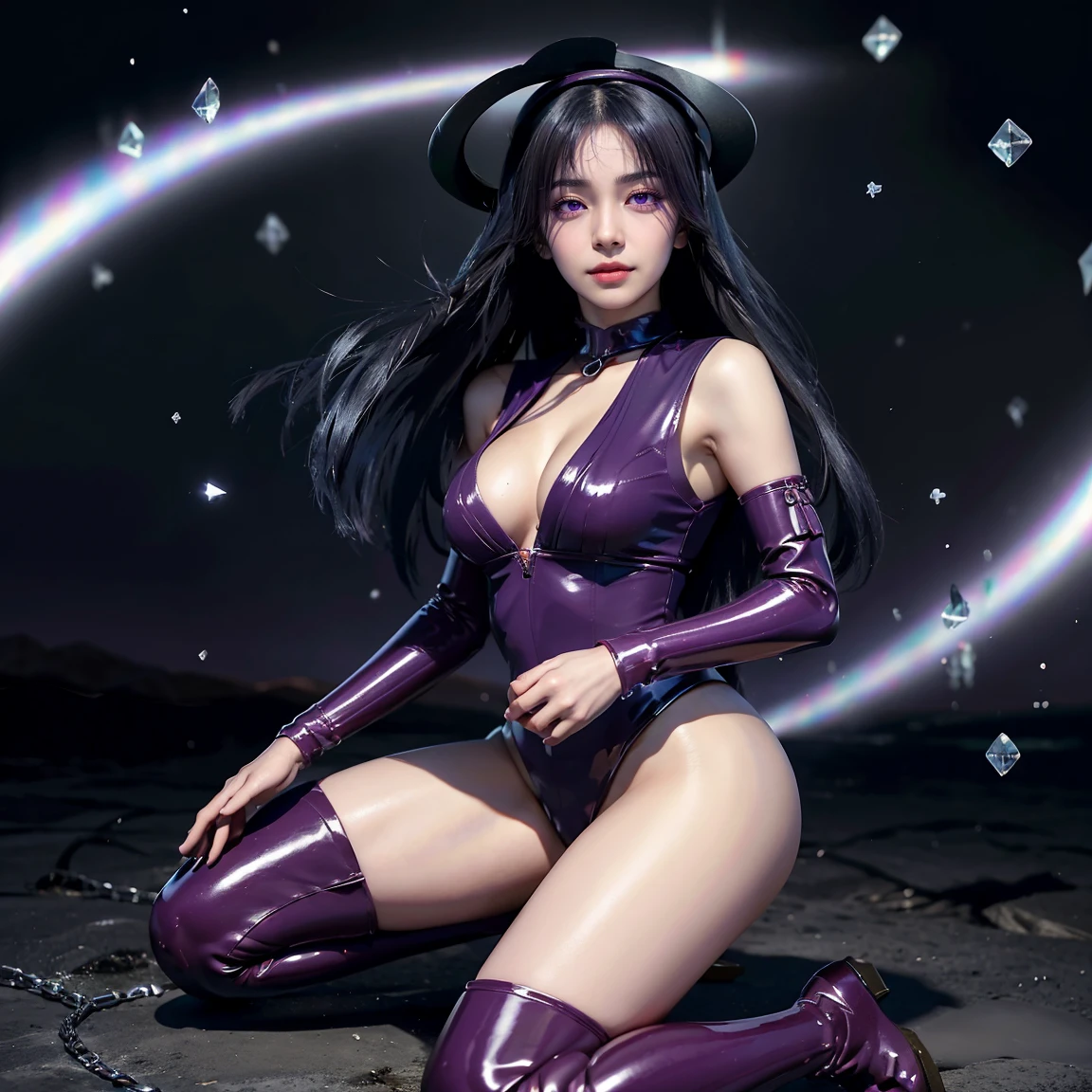 ultra-detailed, Explicit, Beautiful body, Beautiful Nose, Beautiful character design, perfect eyes, perfect face, ultra highres, 4K, beautiful legs, perfect legs, Nice hands, Perfect hand, Masterpiece, Best Quality, Highly detailed, illustration, absurdres, perfect anatomy, street fighter, doll suit, shadaloo doll, dollsuit, expressionless, blank eyes, looking at viewer, red gloves, emotionless, black latex, corrution, mind control, female combatant, full body, hypnotized, unhappy trance, full body suit, ribbed bodysuit, both arms at side, obey, perfect female body, extremely glossy latex, hypnosis, hypnoLora, empty eyes, Mind control device, poses, submissive_pose, Slave, kneeling down straight, kneeling down, kneeling down at attention, hat, necktie, belt, latex, ribbed bodysuit, thighhighs, garter belt, Fighting Stance, extending the right arm from the shoulder into the air with a straightened hand, military, thigh boots, 1girl, hair ornaments, blue hair, long hair, purple eyes, (((pixel-perfect, detail-perfect))), solo, 1girl, Eua, Featherine Augustus Aurora, higurashi when they cry, umineko when they cry, big breasts