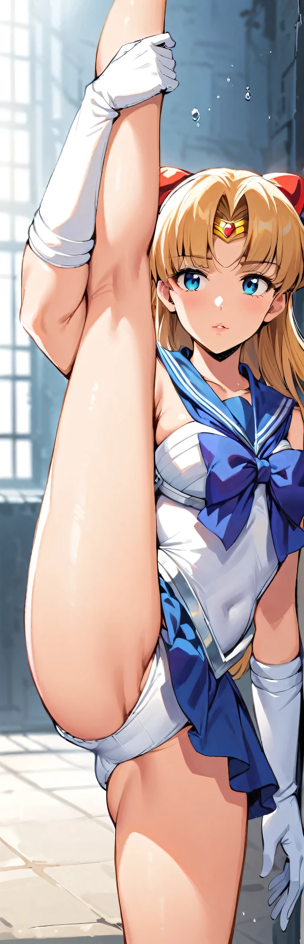 serafuku, gloves, lips, alone, Sailor Venus, Bright Blue Eyes, uniform, Sailor Senshi uniform, , White gloves,, , 1girl, solo, standing_split