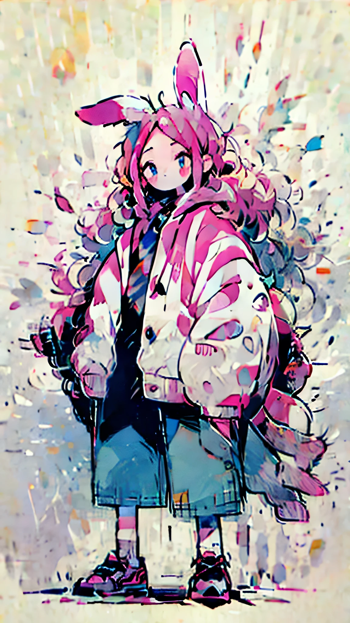 Cute bunny girl, pink hair, wearing red glasses, blue eyes, pale skin, masterpiece, high quality, beautiful
