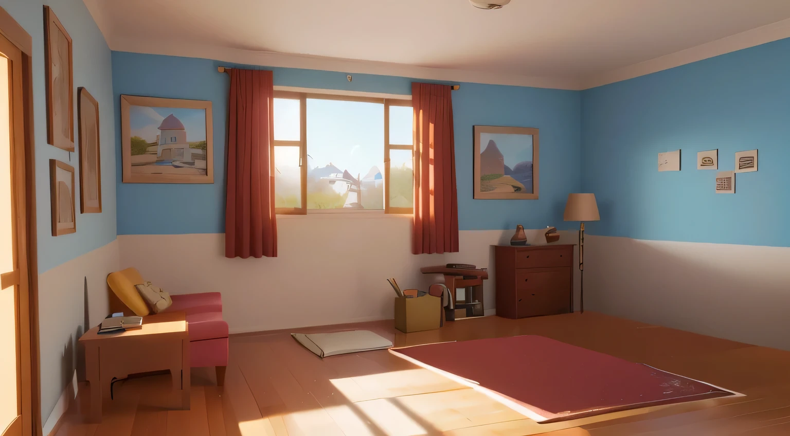 There is a room with a bed, a chair, and a window, Realistic afternoon lighting, Realistic room, Rendering in 3dsmax, Rendering in Maya 4 d, Rendering in Maya, 3 d stylize scene, Studio Ghibli bedroom, Rendering in Renderman, Rendering with Unreal Engine 3, Rendering with Unreal Engine 3d, Rendering in V-Ray