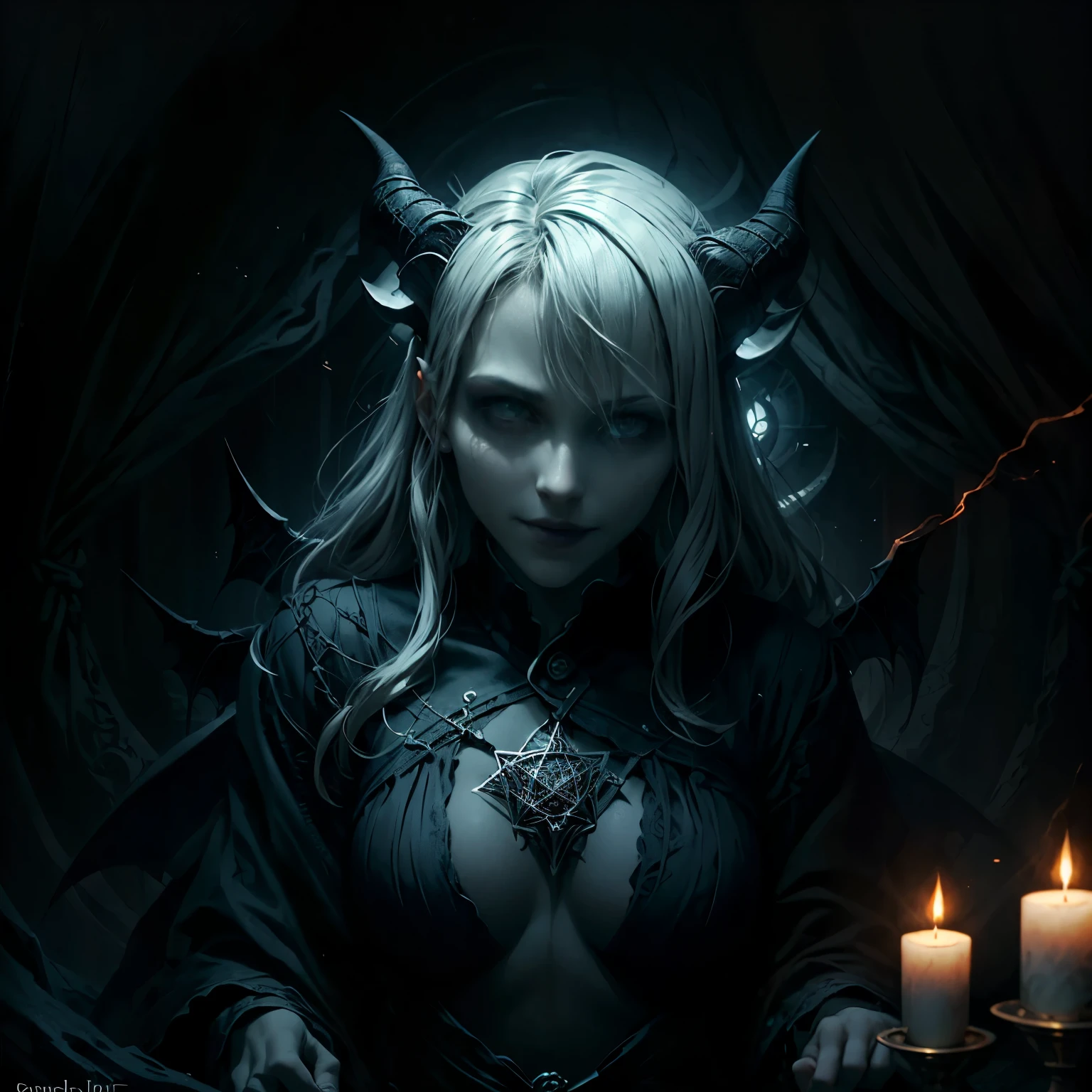 Best Quality、Super detailed、Bright colors、Portrait、dark、Mythical creatures、Baphomet、Sharp focus、Gothic style、Devilish Features、Goat horns、Sanbenjiao、Beard、Winged human figure、Wicked Smile、Occult symbolism、Black and white、Spooky lighting、The setting of the ceremony、Mysterious atmosphere、Candlelit room、Majestic and awe-inspiring、Wisdom and knowledge、Esoteric symbolism、Third Eye、Pentagram
