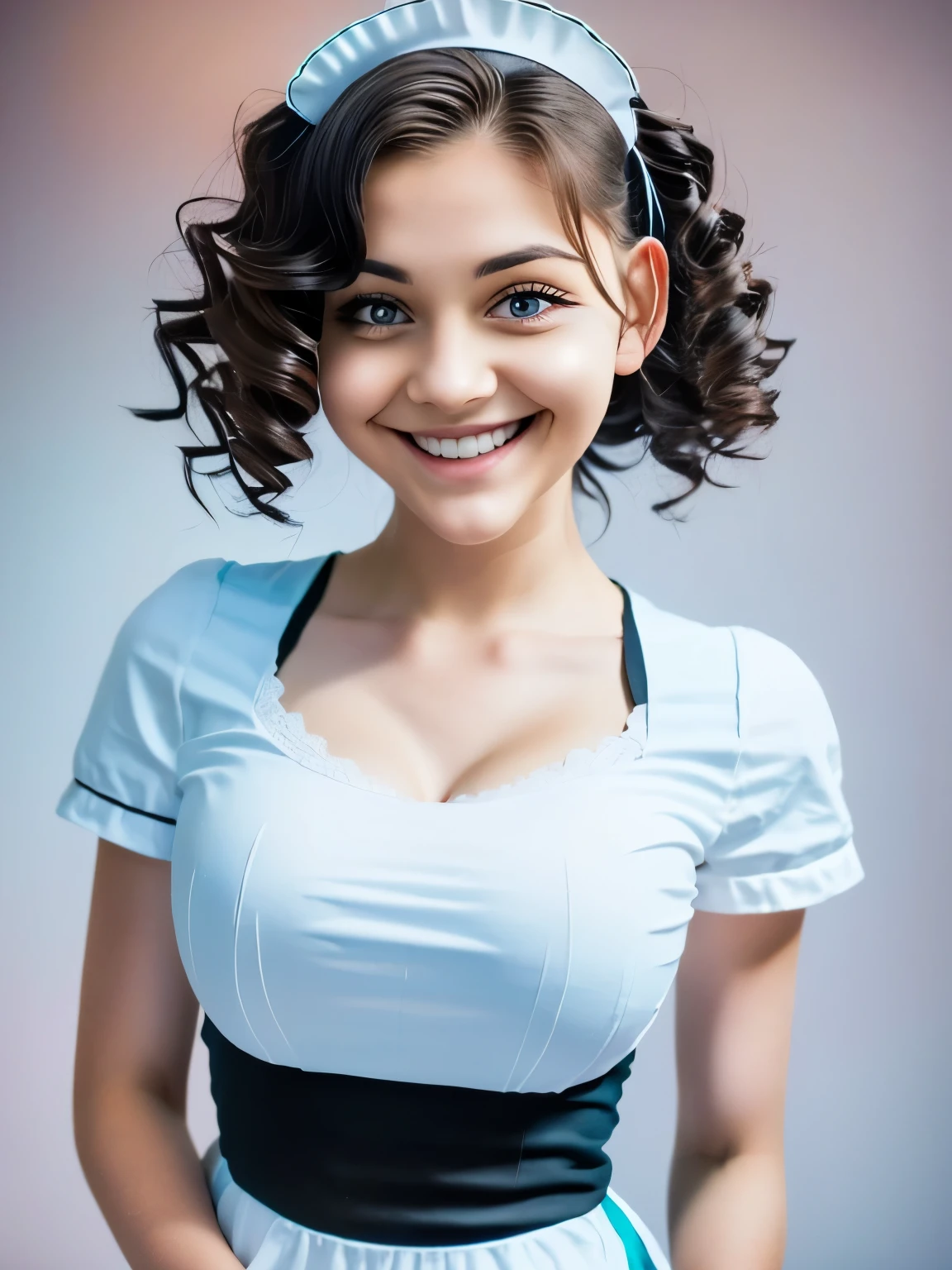 ((beautiful maid:1.5),high resolution, top quality),wearing maid's uniform,soft hands, big bright eyes, dark and vibrant curled hair, sweet smile, rosy cheeks, soft light, pure white background.