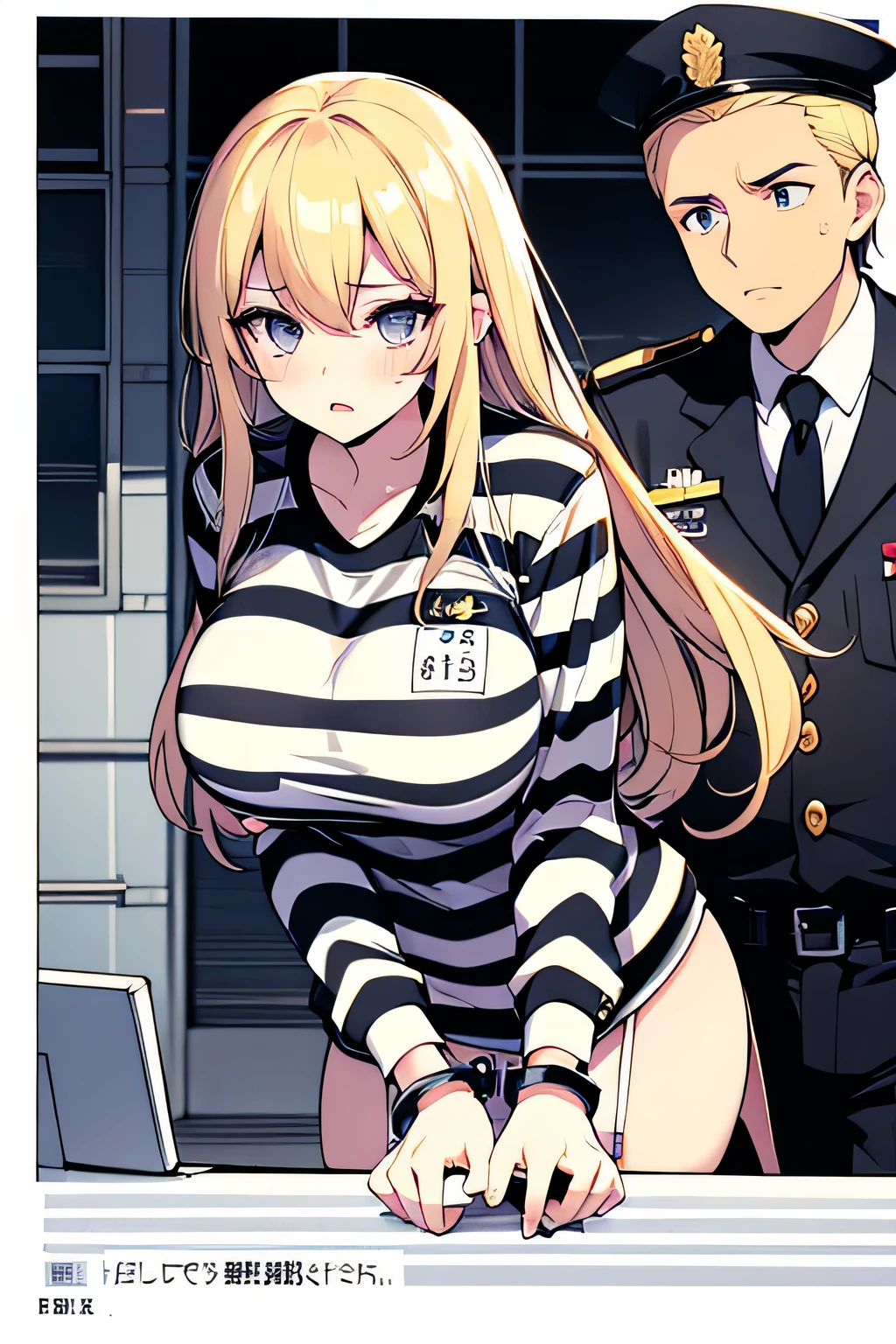 Long blonde hair, handcuffed, arrested, mature female, milf, big breasts ,40 years old, pon prison uniform, prisoner, black and white stripe prison uniform, waifu material, mature