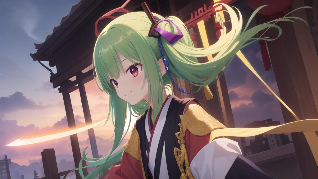 ((masterpiece)),(best quality),Official Art,Extremely detailed CG,Unity 8k Wallpaper,Super detailed,Beautiful and delicate eyes,Extremely detailed face,1 girl,solitary,,(whole body:1.5),(small:1.3),Smile,,Murasame,Very long hair,Green Hair,sides up,Purple bow,hairpin,Side Chain,Bangs,Red Eyes,Neck strap,Red belt,Ink wonderland，Clouds and mist，Sword Dance，Chinese ink style，Danqing，Cloud sleeve hanfu，Bagua array，