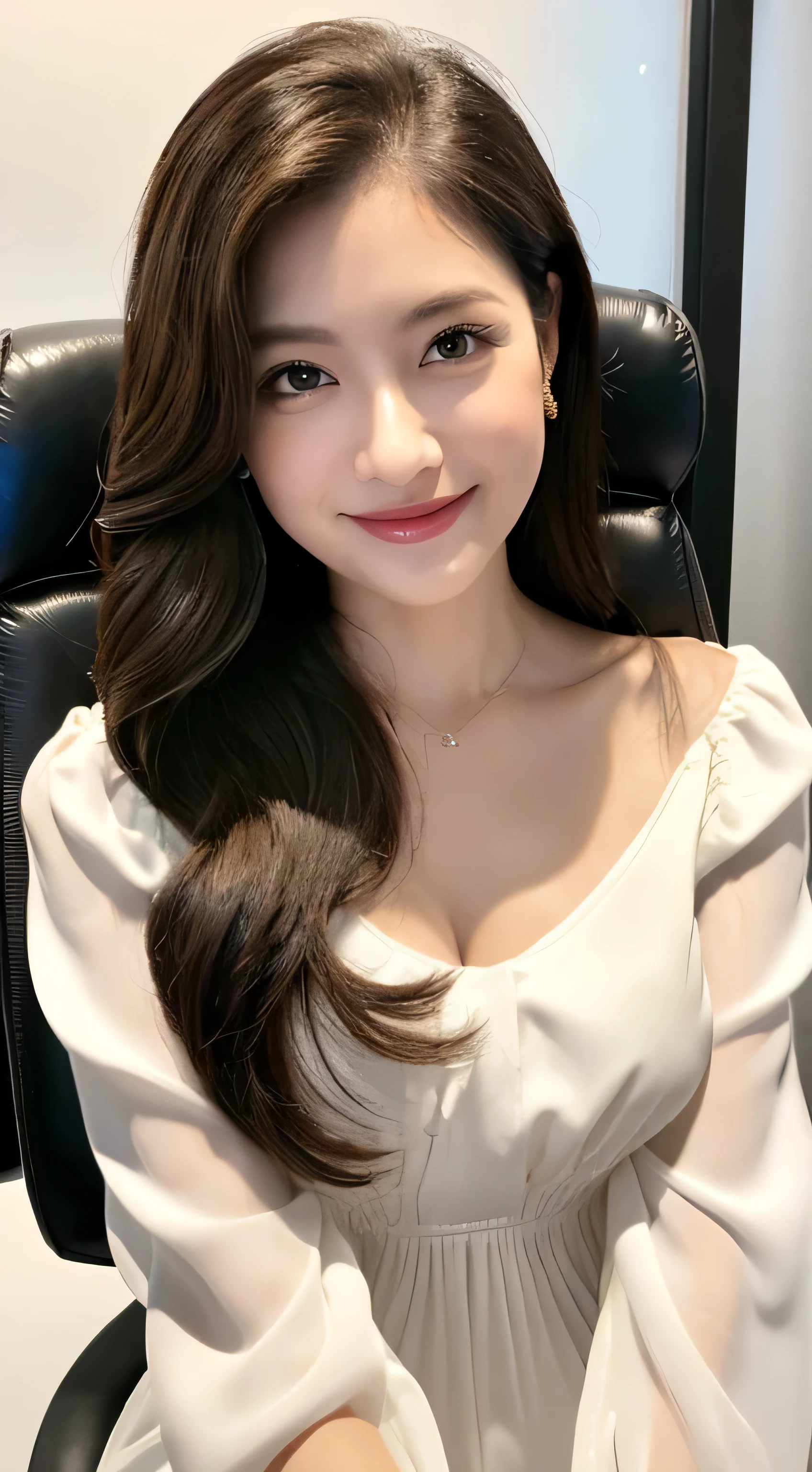 Beautiful detailed face、Pale skin、Realistic glowing skin、Detailed cloth texture、Detailed hair texture、Perfect body、Beautiful Face、correct、Anatomically correct、 Highly detailed face and skin texture、Natural neck length、(Beautiful Hands)、(Fair skin:1.2)、Thin legs、Thin legs、 Break Fine Eyes、Symmetrical eyes、Light brown eyes、double eyelid、Thin eyebrows、(Glossy Lips:1.4)、((Gentle smile:1.2))、(blush:1.1)、 break (Elegant and cute girl:1.3)、Medium-sized large breasts、(Slim body type:1.1)、Toned Abs、Beautiful clavicle、 (Dark Blonde、Wavy Hair、Long Hair:1.2)、 ((Asymmetrical bangs:1.2))、((In a stylish office at night:1.4))、(Cowboy Shot:1.2)、 ((wearing a white shirt mini dress_long see-through sleeves:1.4)、full body portrait